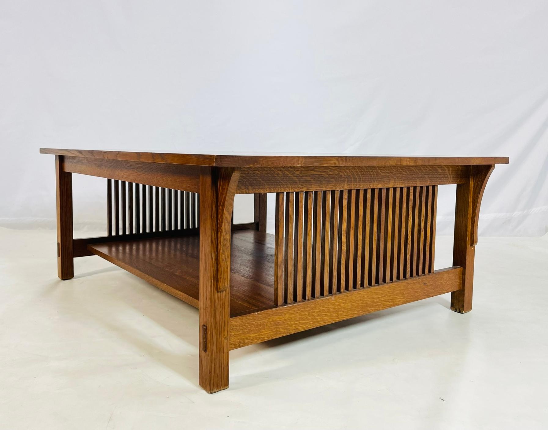 Stickley Mission Oak Coffee Table with Slatted Sides, Signed and Dated 1995 For Sale 3
