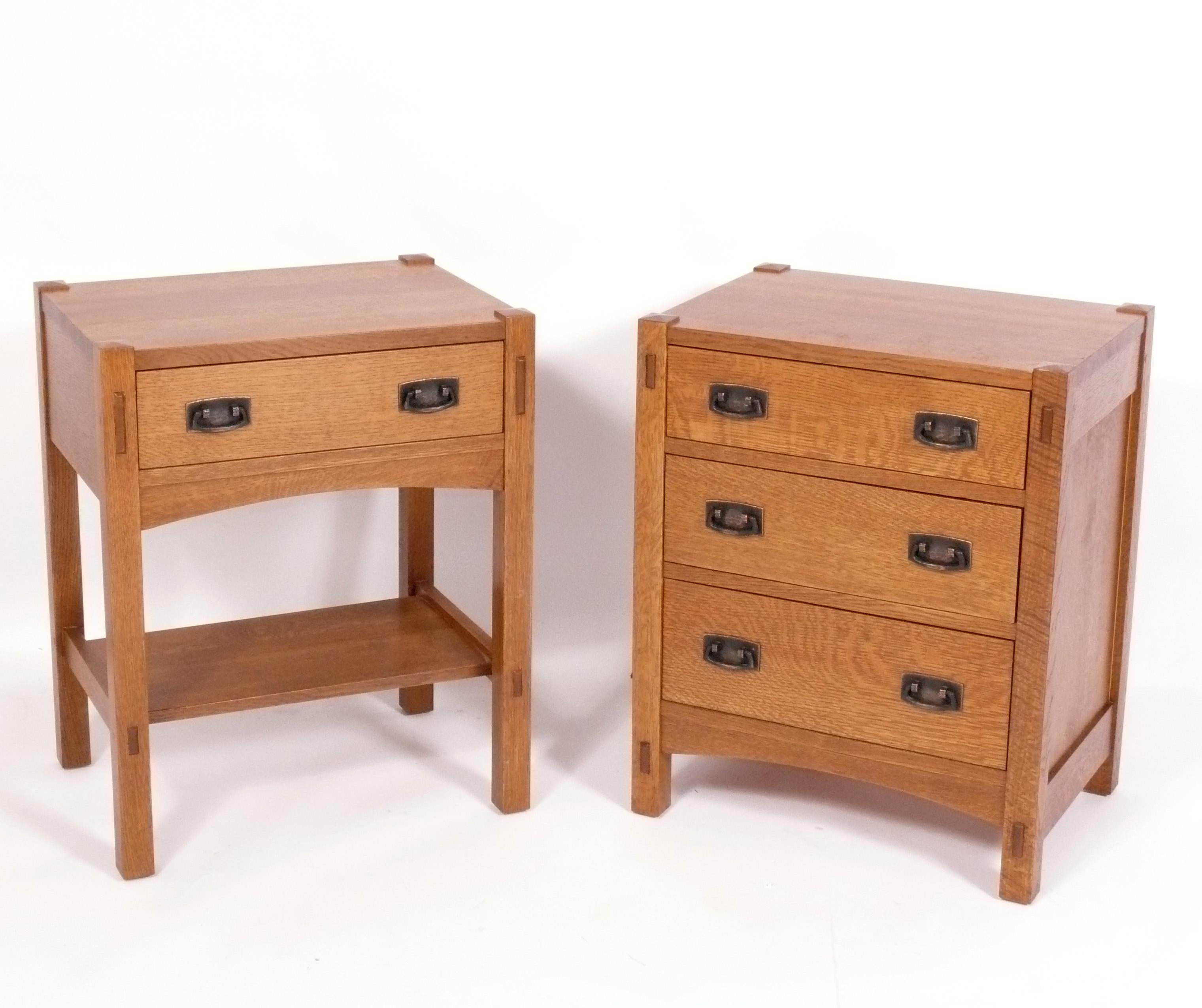 Clean Lined Stickley Night Stands or Side or End Tables, originally designed in the 1910s by Gustav Stickley, this example is part of the authorized line produced by Stickley in the 2000s. They are priced at $1400 each or $2500 for the pair. Like