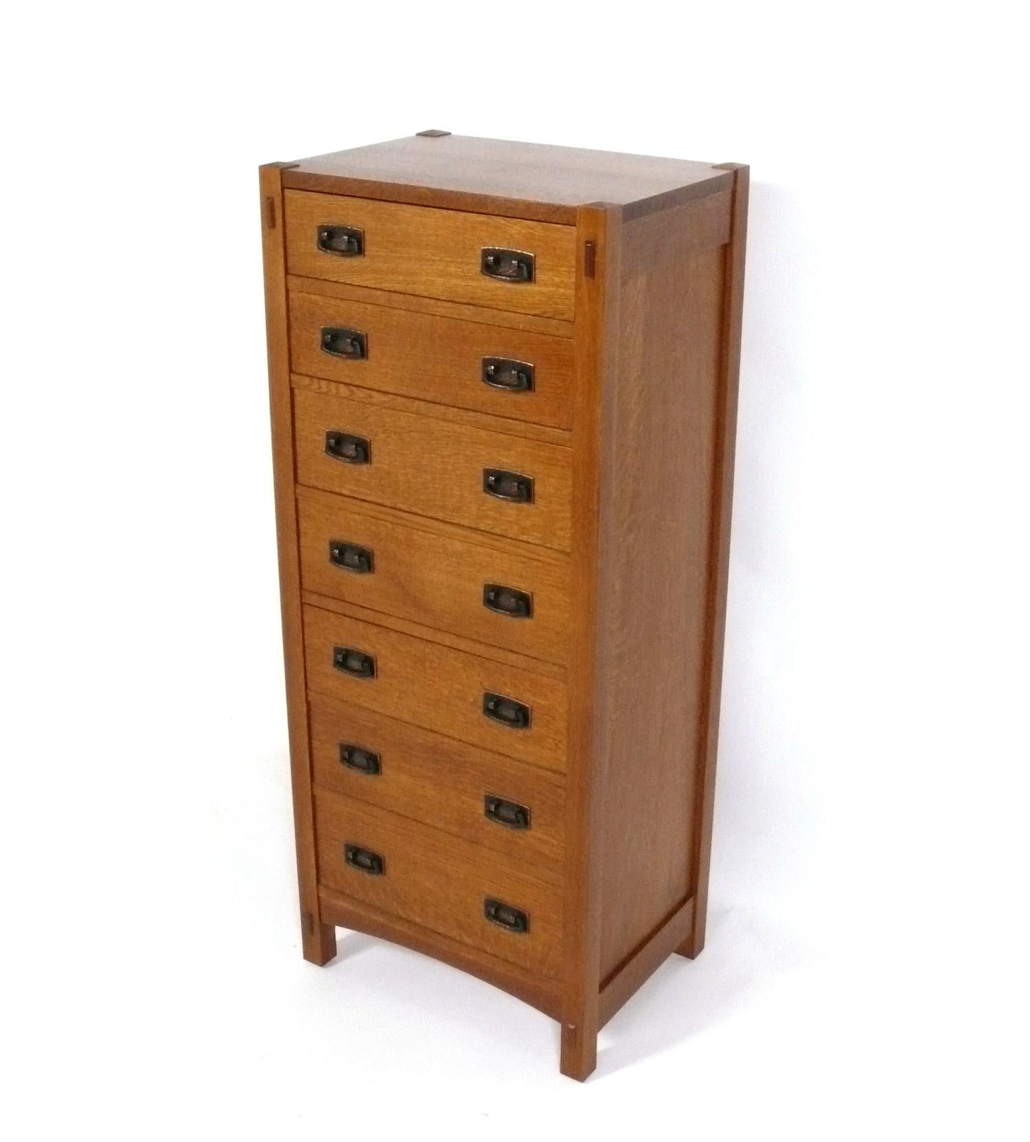 Clean Lined Stickley Lingerie Chest or Semainier, originally designed in the 1910s by Gustav Stickley, this example is part of the authorized line produced by Stickley in the 2000s. Like all Stickley furniture, this piece is extremely well made with