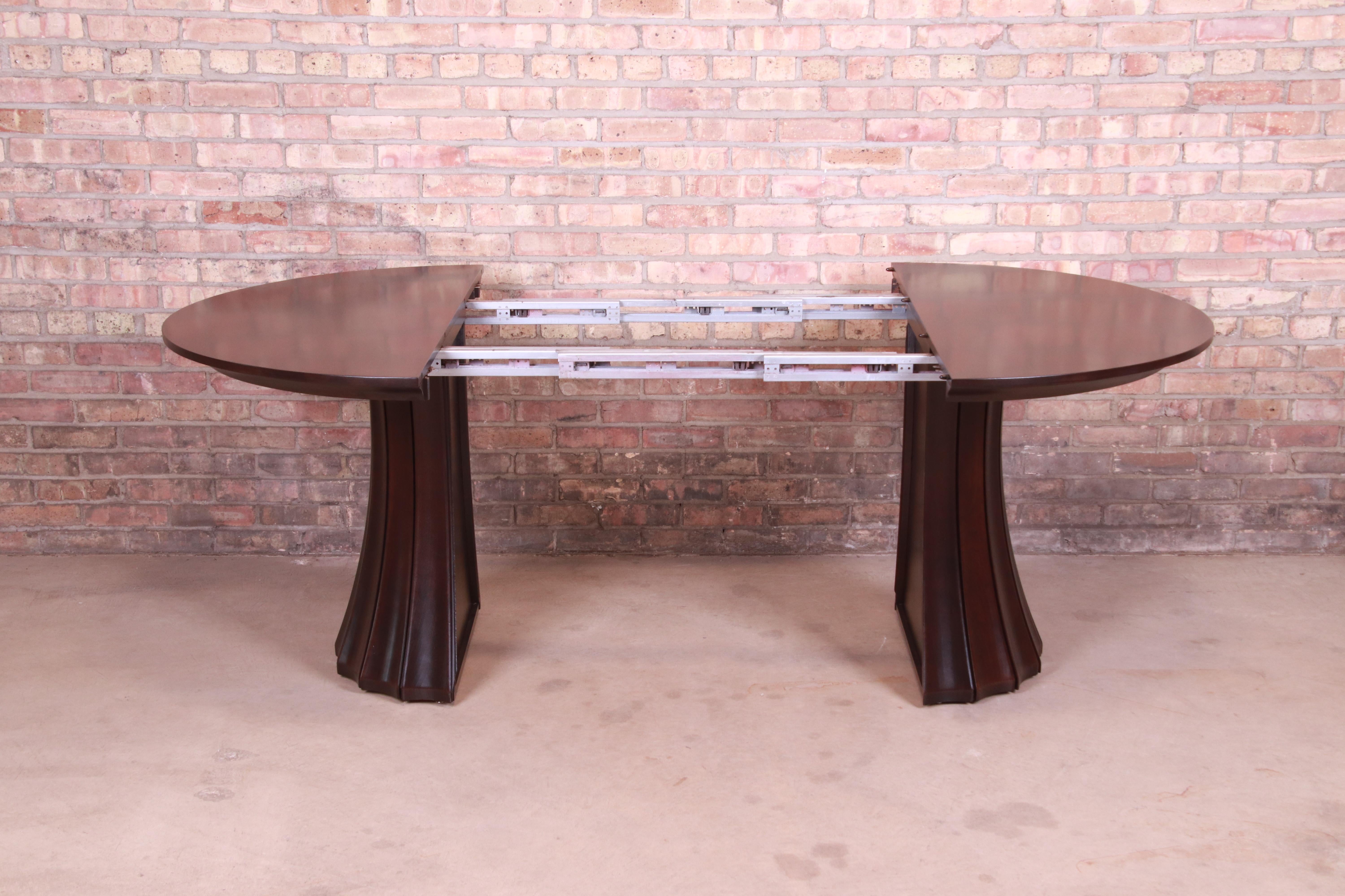 Stickley Modern Dark Mahogany Pedestal Extension Dining Table, Newly Refinished 5
