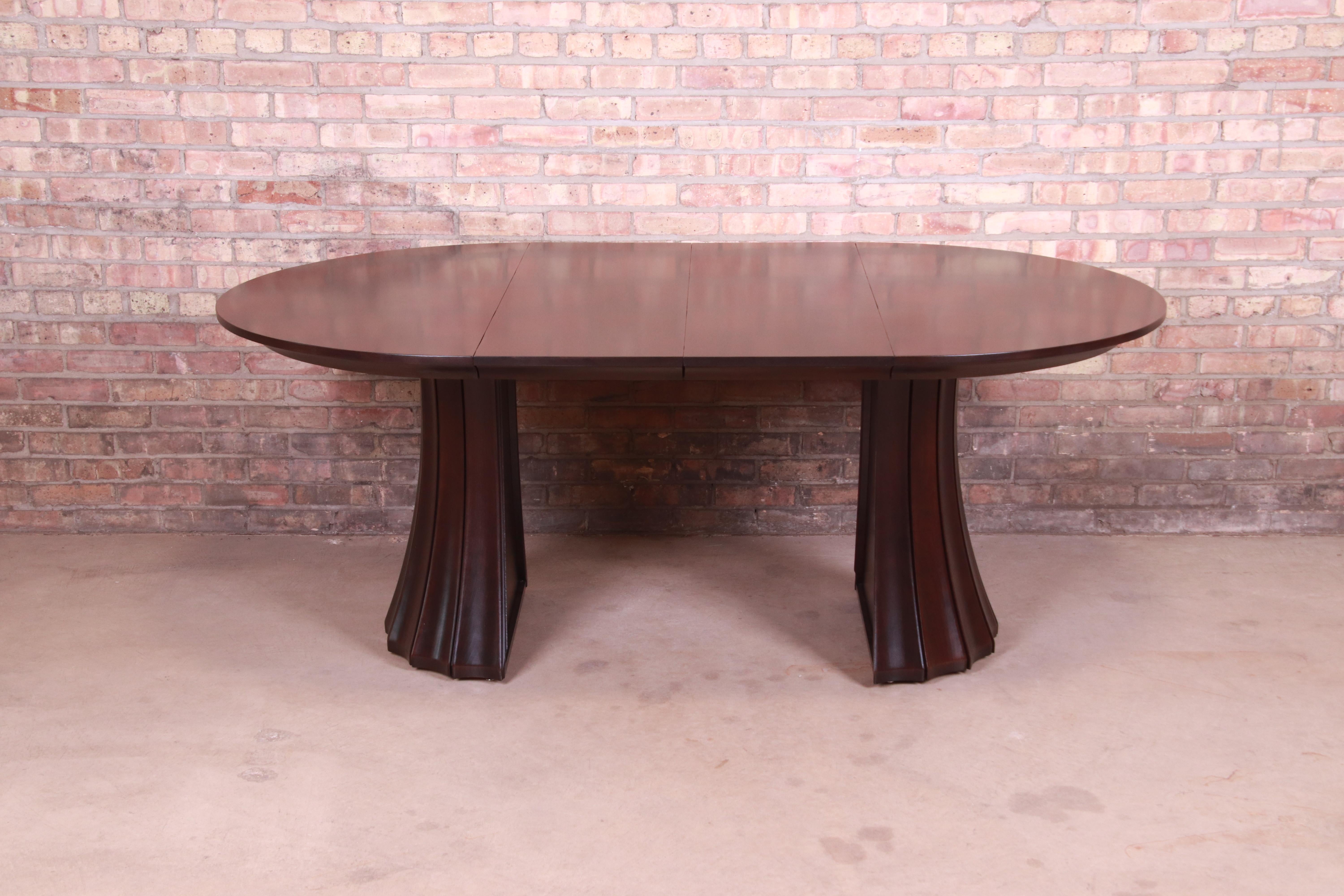 Stickley Modern Dark Mahogany Pedestal Extension Dining Table, Newly Refinished 6