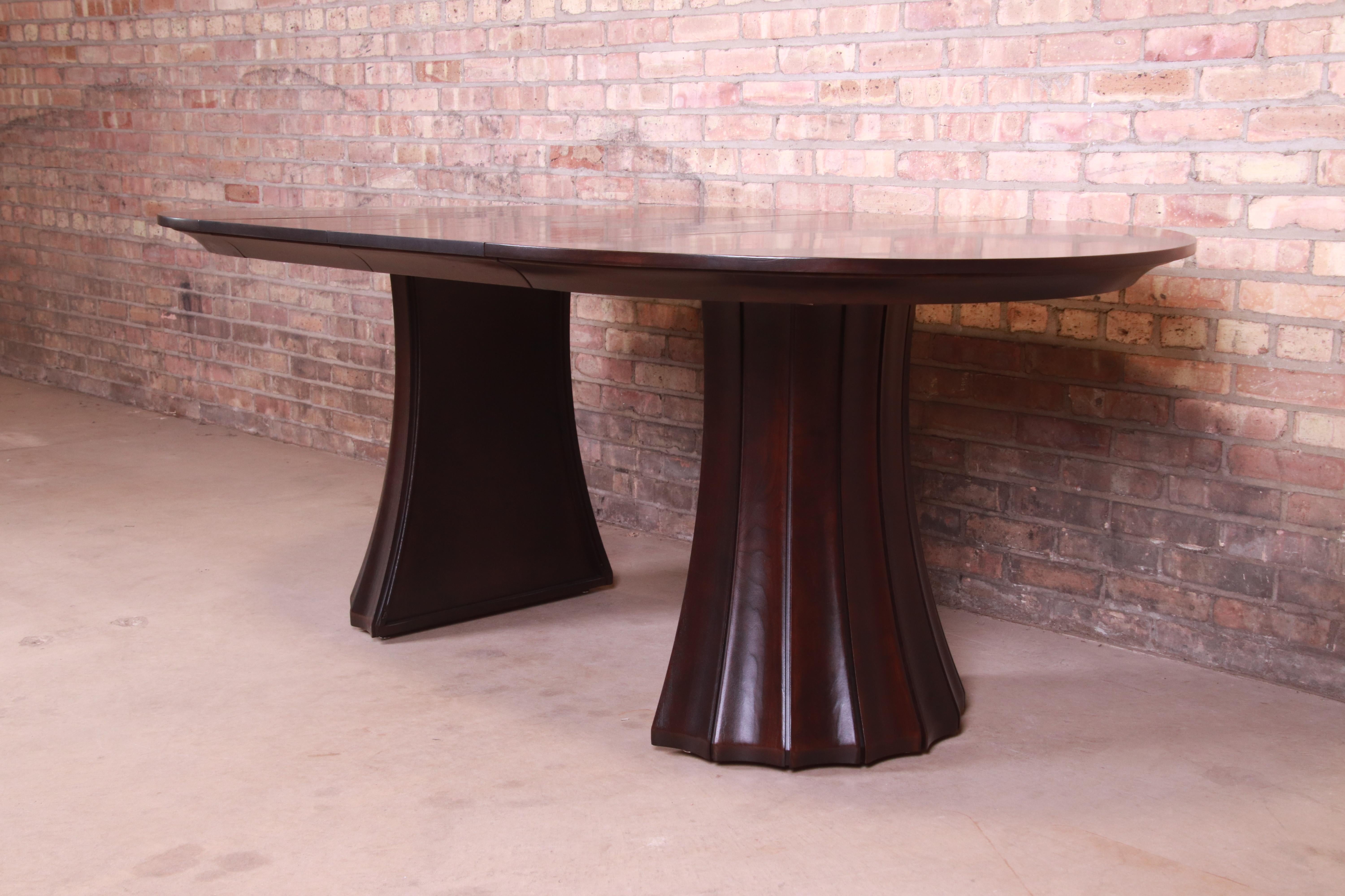Stickley Modern Dark Mahogany Pedestal Extension Dining Table, Newly Refinished 9