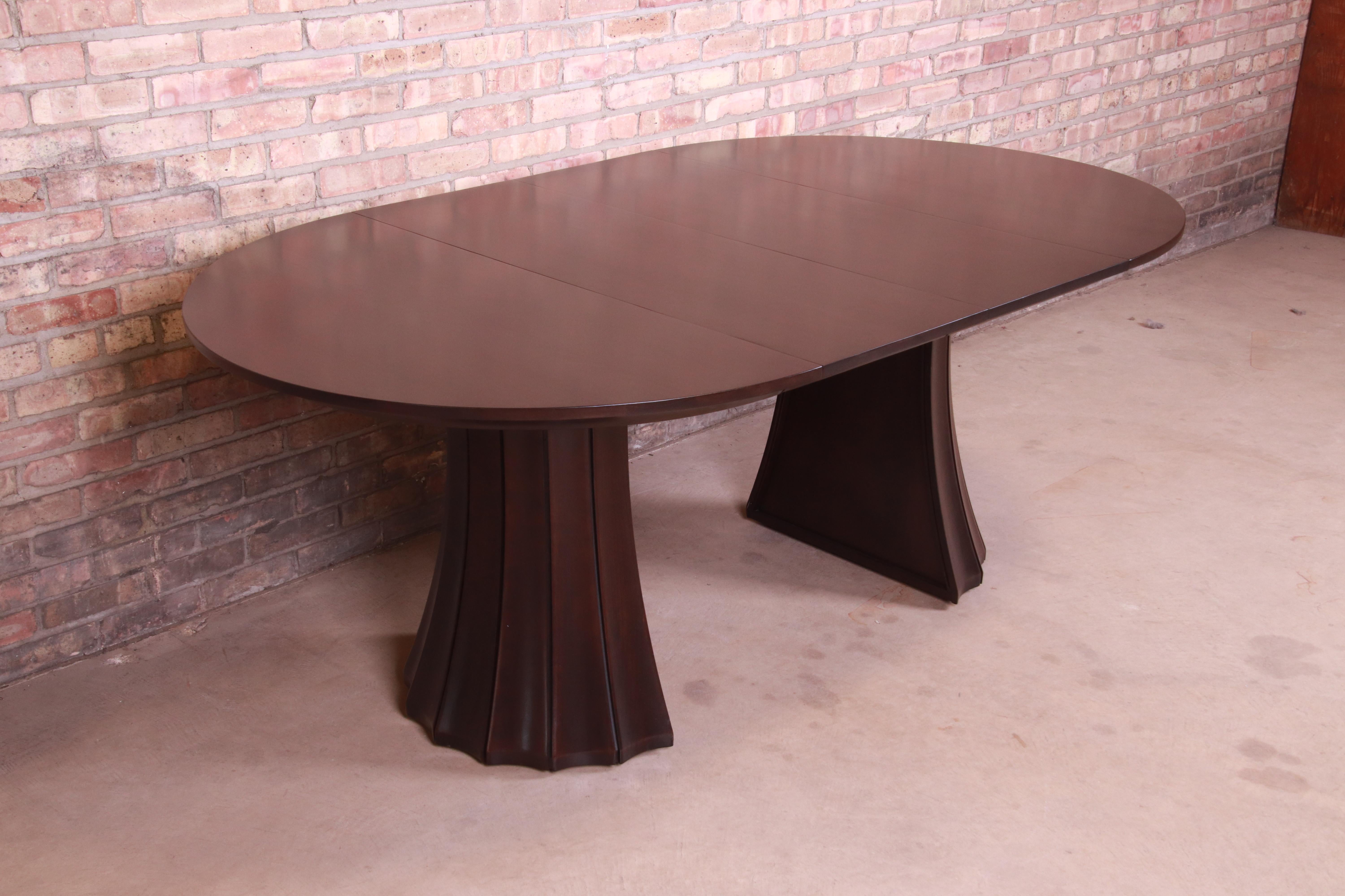 Stickley Modern Dark Mahogany Pedestal Extension Dining Table, Newly Refinished 10