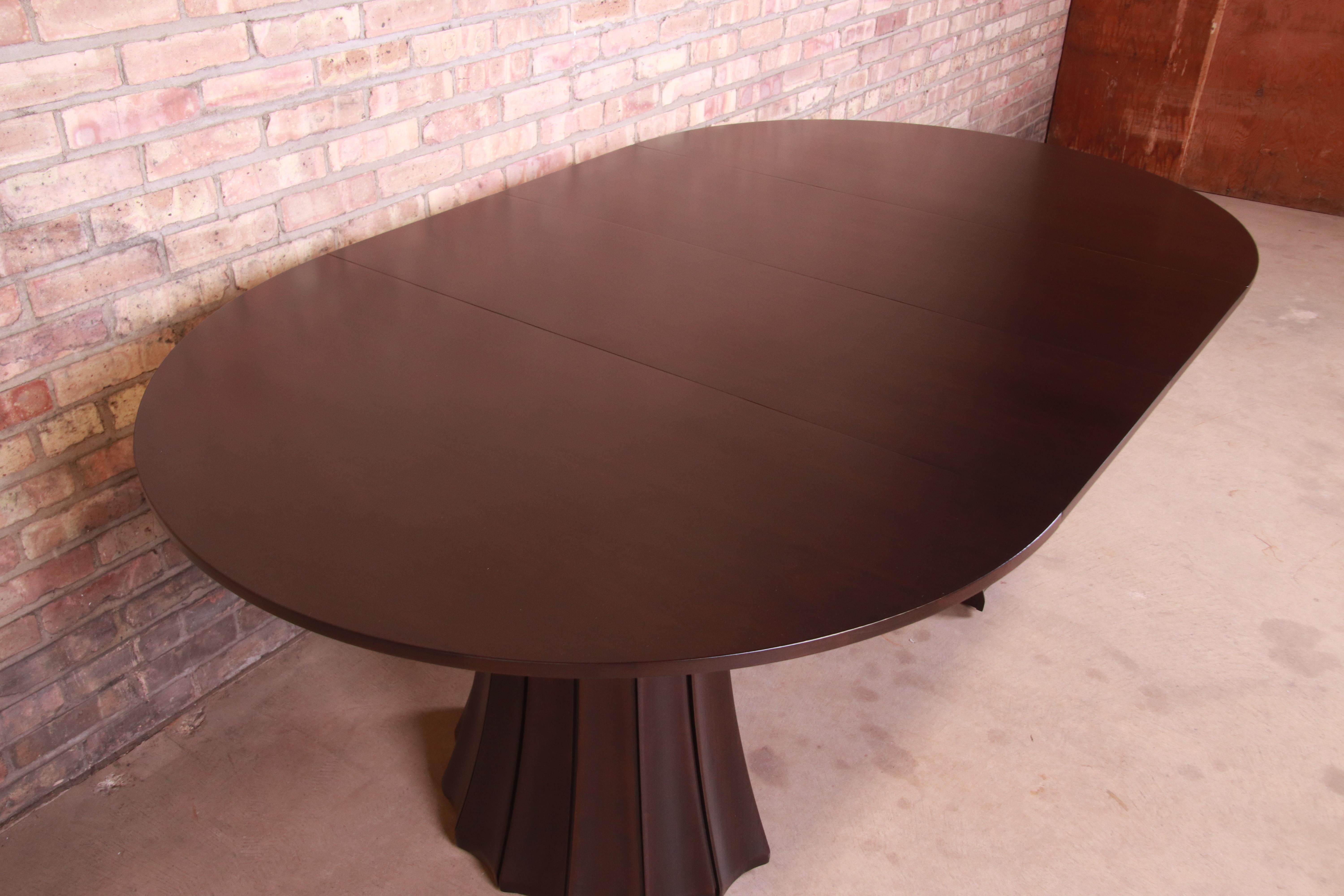 Stickley Modern Dark Mahogany Pedestal Extension Dining Table, Newly Refinished 13