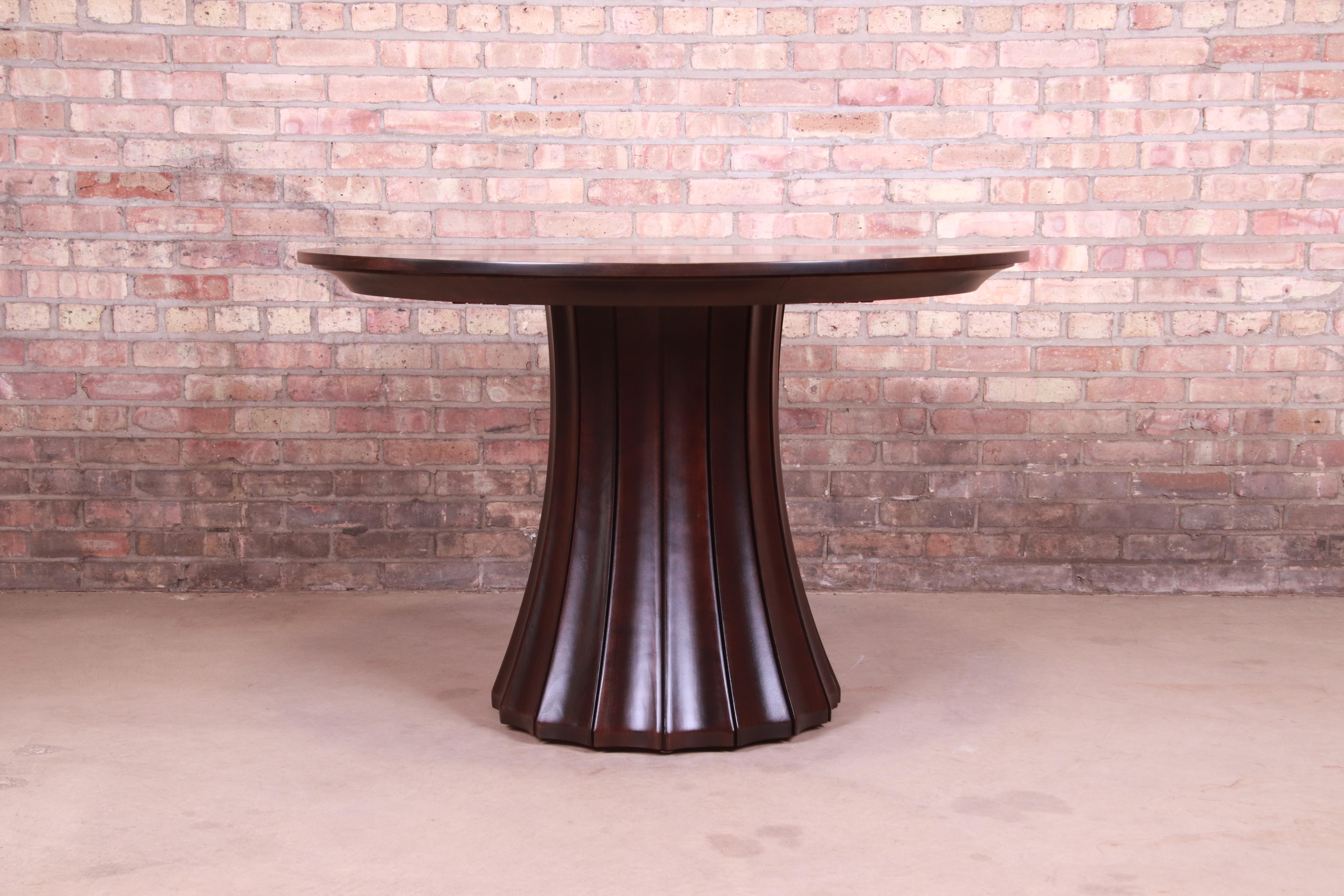 Stickley Modern Dark Mahogany Pedestal Extension Dining Table, Newly Refinished 15