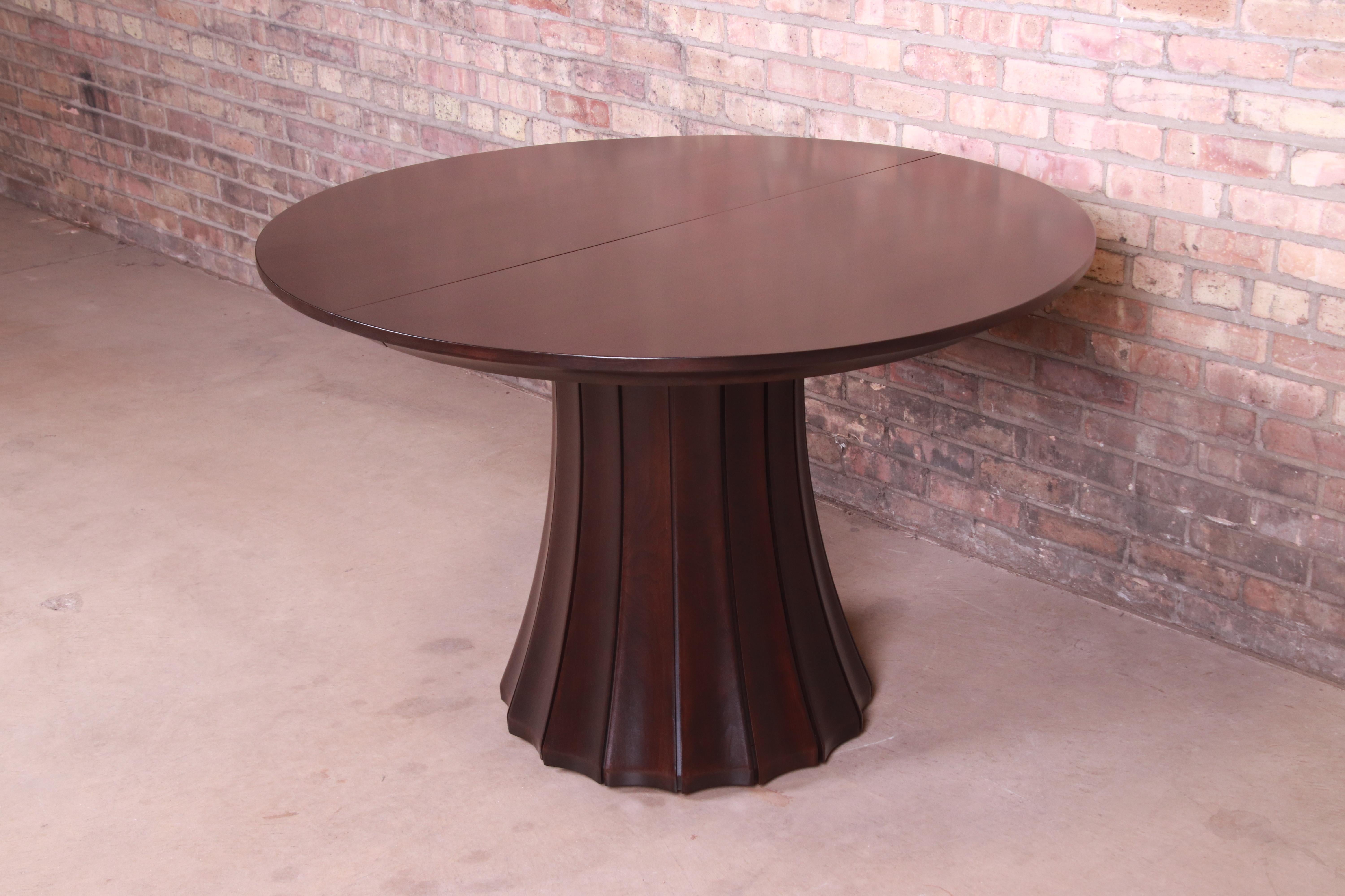 American Stickley Modern Dark Mahogany Pedestal Extension Dining Table, Newly Refinished