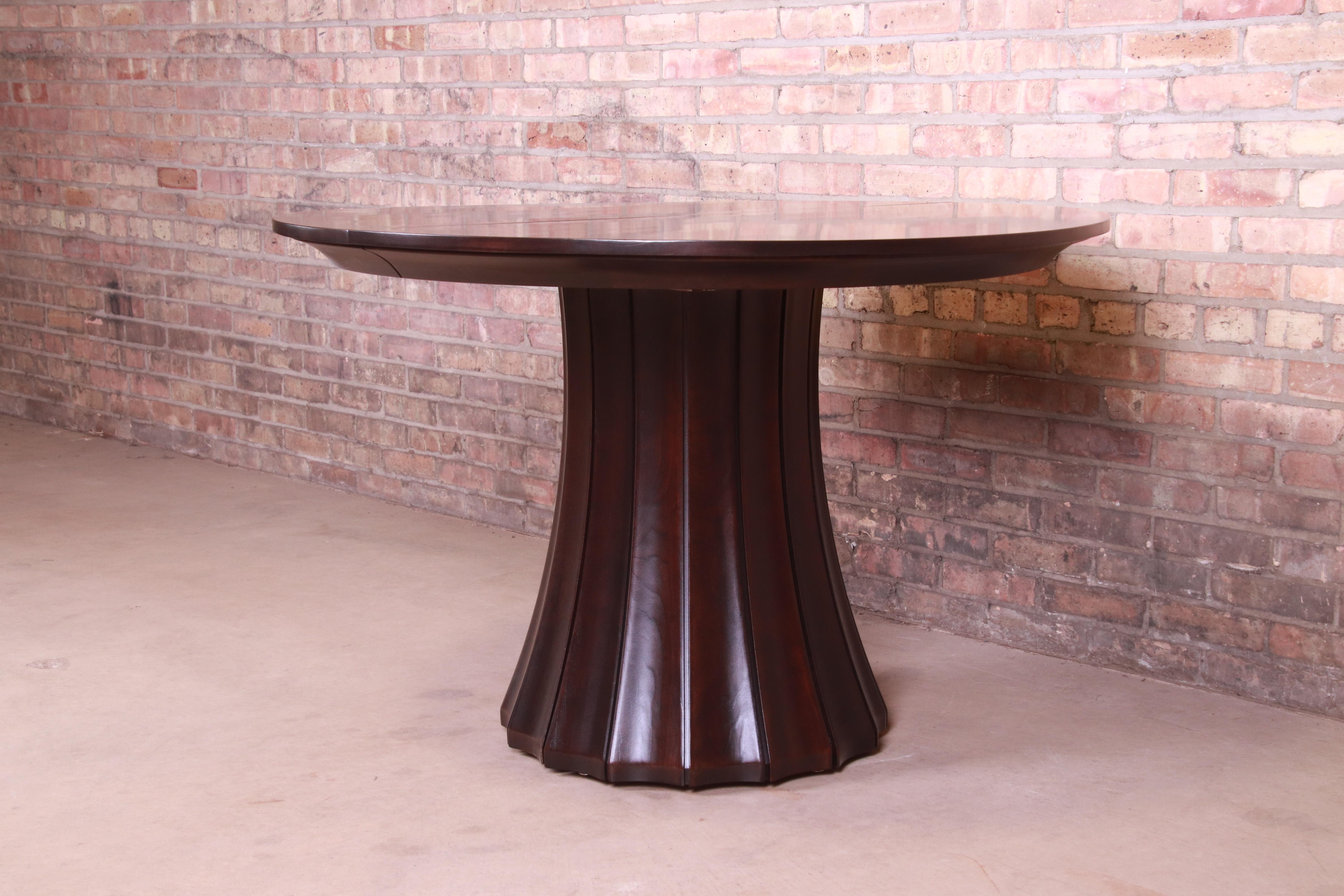 Stickley Modern Dark Mahogany Pedestal Extension Dining Table, Newly Refinished In Good Condition In South Bend, IN