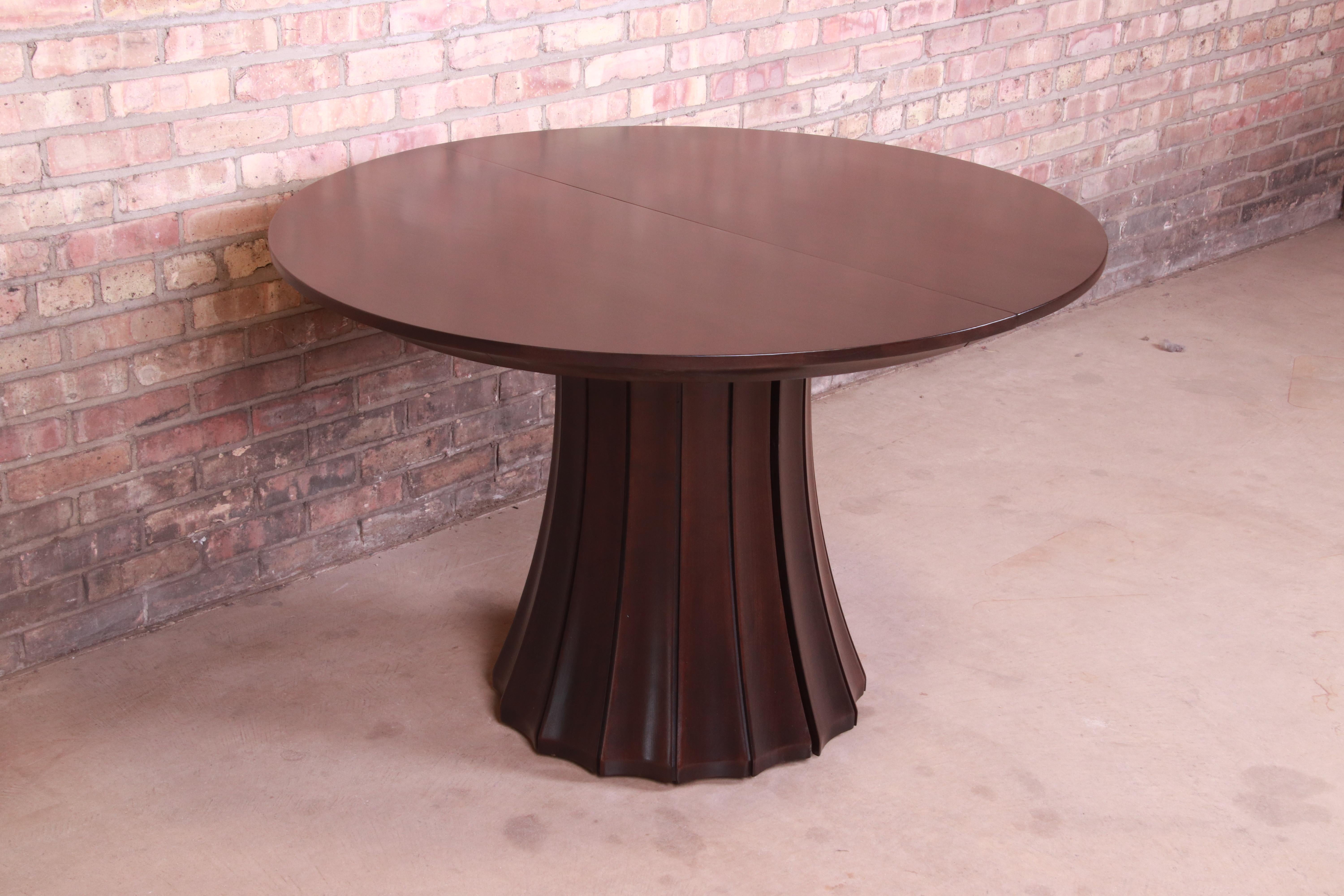 20th Century Stickley Modern Dark Mahogany Pedestal Extension Dining Table, Newly Refinished