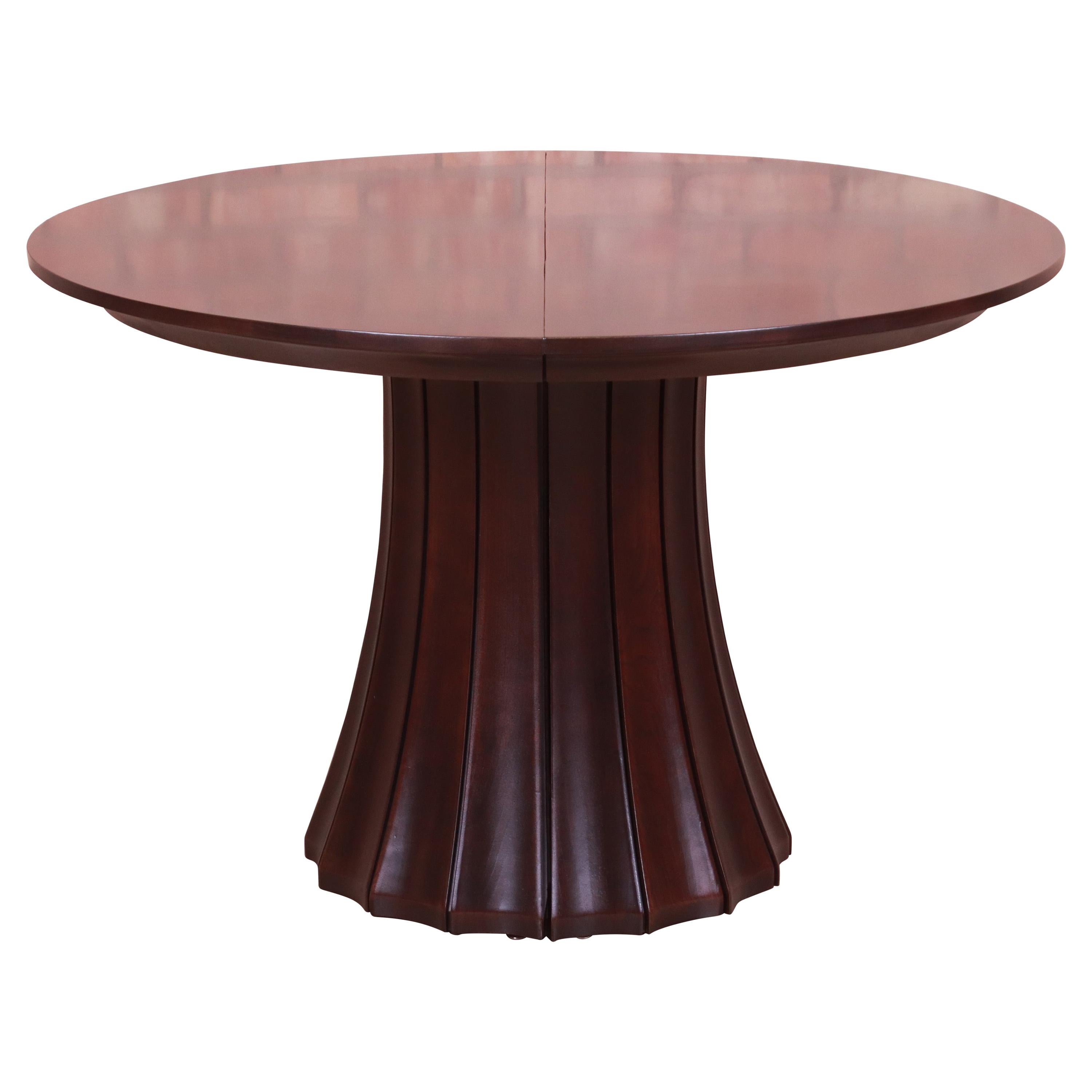 Stickley Modern Dark Mahogany Pedestal Extension Dining Table, Newly Refinished