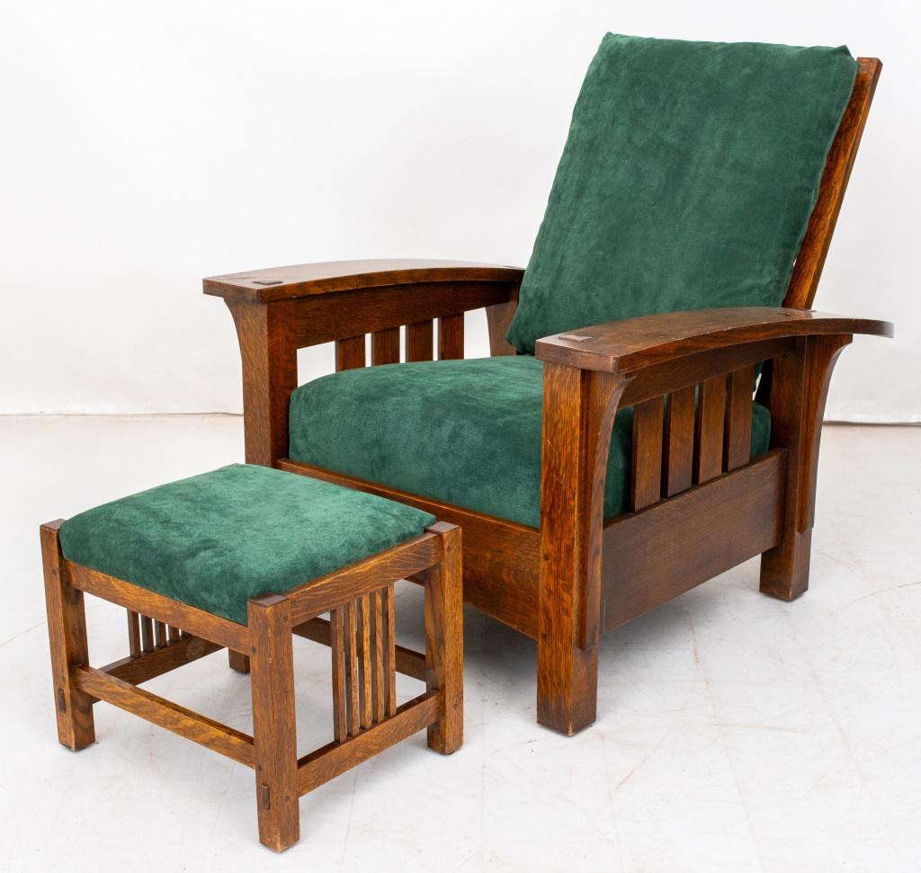 Stickley Morris Green Suede Upholstered Lounge Chair with Reclining Back and Ottoman, both chair and ottoman labeled and burn marked 