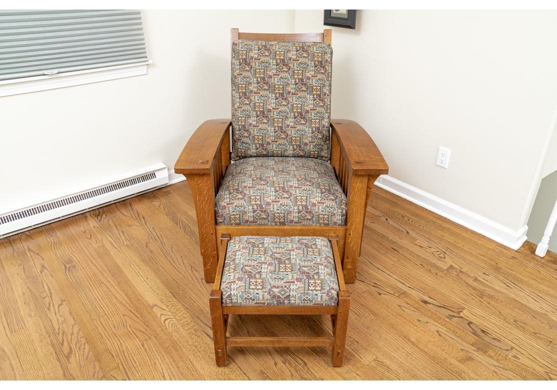 Tapestry Stickley Oak Bow Arm Morris Lounge Chair With Matching Ottoman