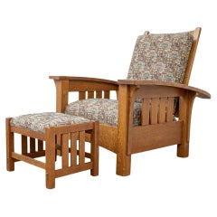 Stickley Oak Bow Arm Morris Lounge Chair With Matching Ottoman