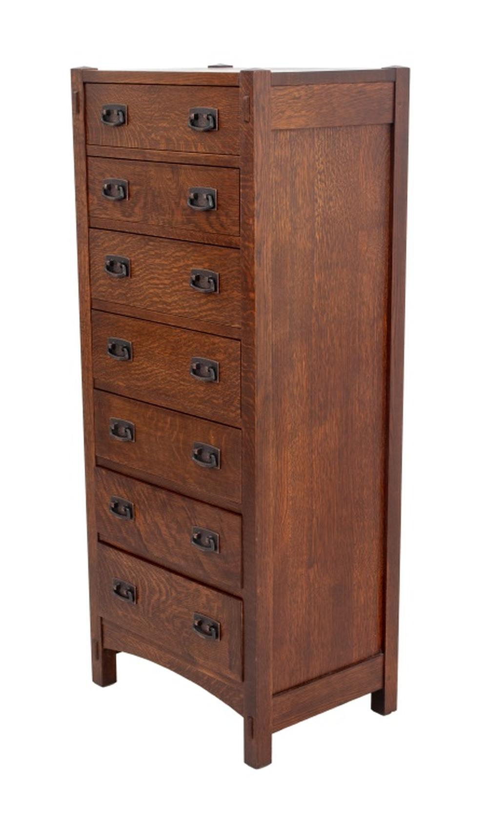 Stickley Oak Lingerie Chest, with seven drawers, green velvet jewelry insert within top drawer, and hammered copper handles, branded 