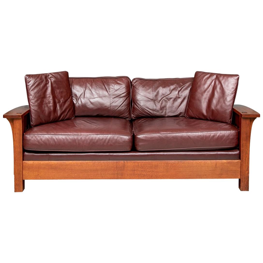 Stickley Oak Mission Orchard Street Oxblood Leather Sofa