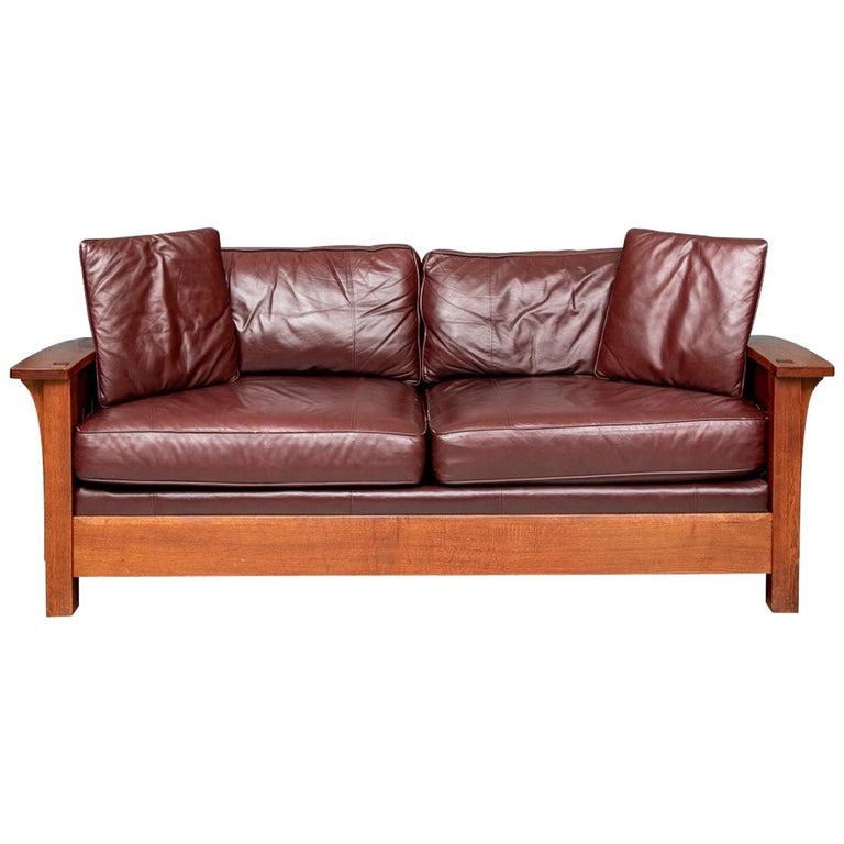 Stickley Oak Mission Orchard Street, Mission Style Leather Sofa