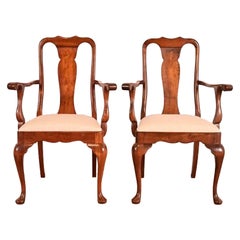 Stickley Queen Anne Carved Solid Cherry Wood Armchairs, Pair