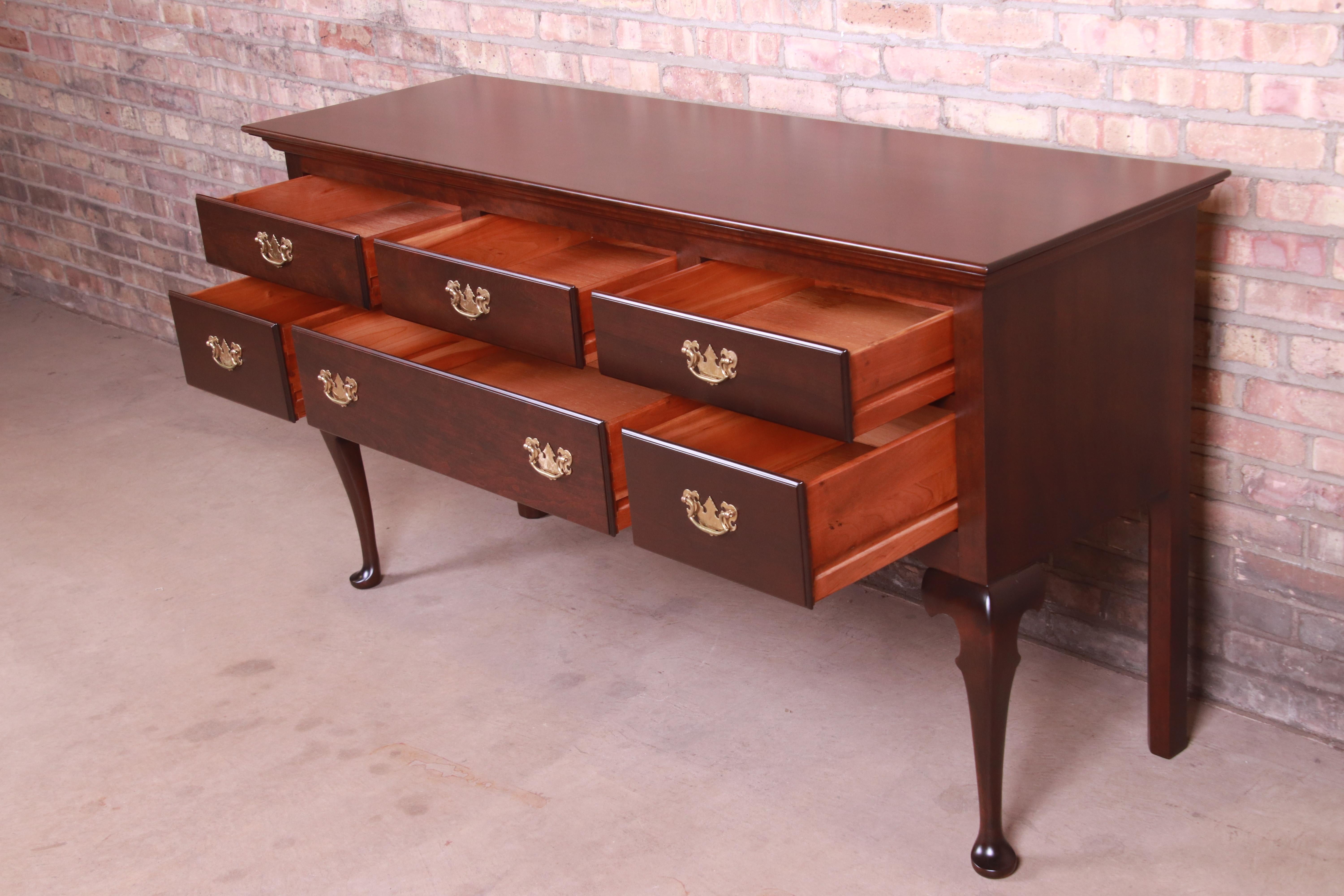 Brass Stickley Queen Anne Solid Cherry Wood Sideboard Credenza, Newly Refinished For Sale