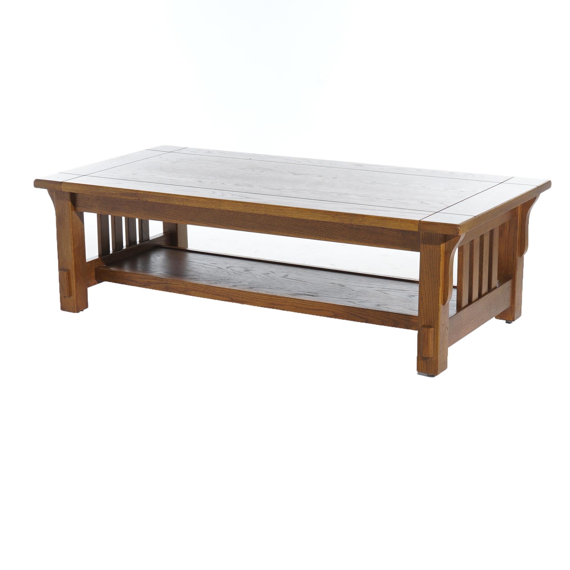 ***Inquire About Reduced In-House Delivery Rates - Reliable Professional Service & Fully Insured***
Arts & Crafts Mission Oak Coffee Table in the Manner of Stickley with Slat Sides and Lower Shelf 20thC

Measures - 15.5