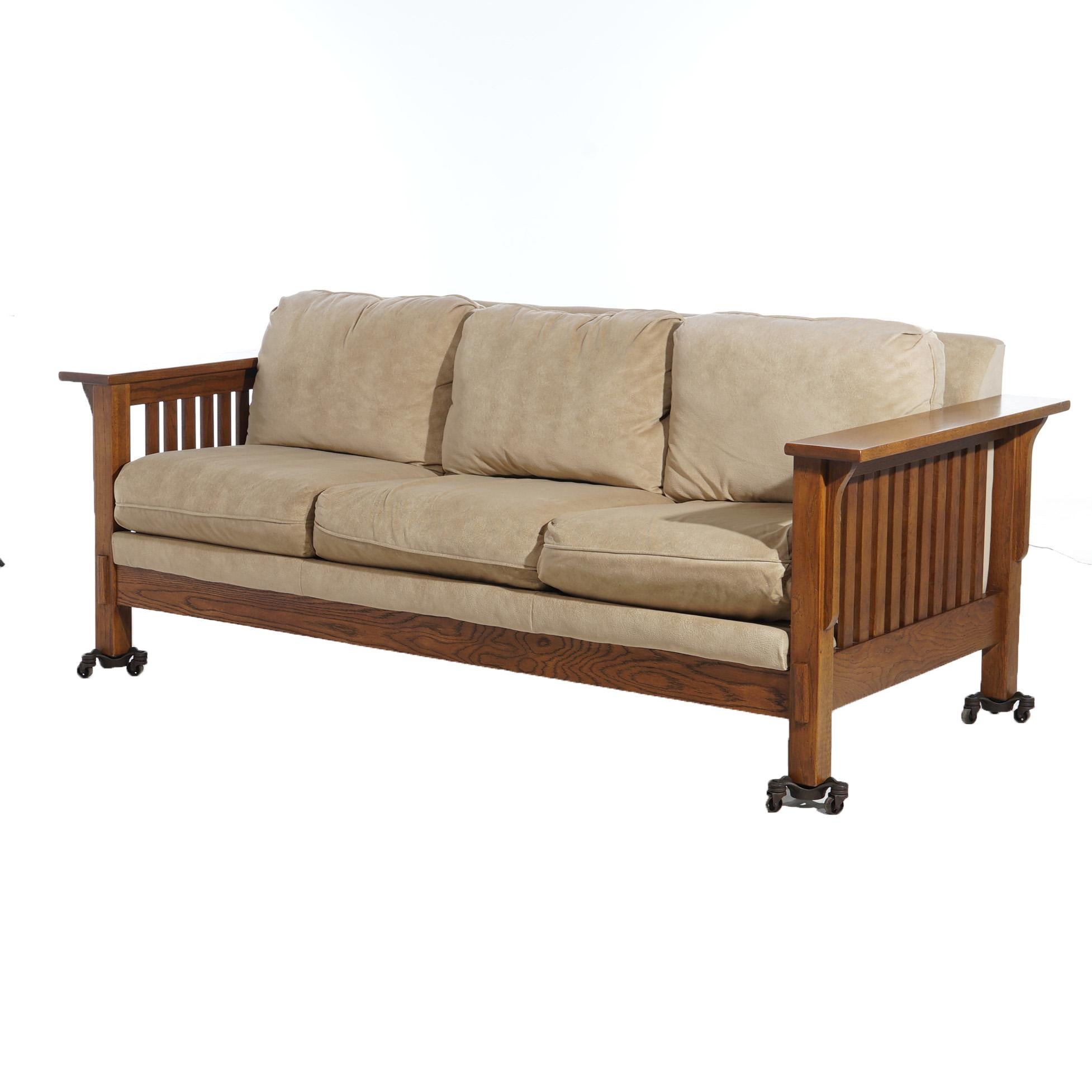 ***Inquire About Reduced In-House Delivery Rates - Reliable Professional Service & Fully Insured***
Arts and Crafts Mission Oak Slat Side Sofa with Upholstered Seat in the Manner of Stickley 20thC

Measures - 31