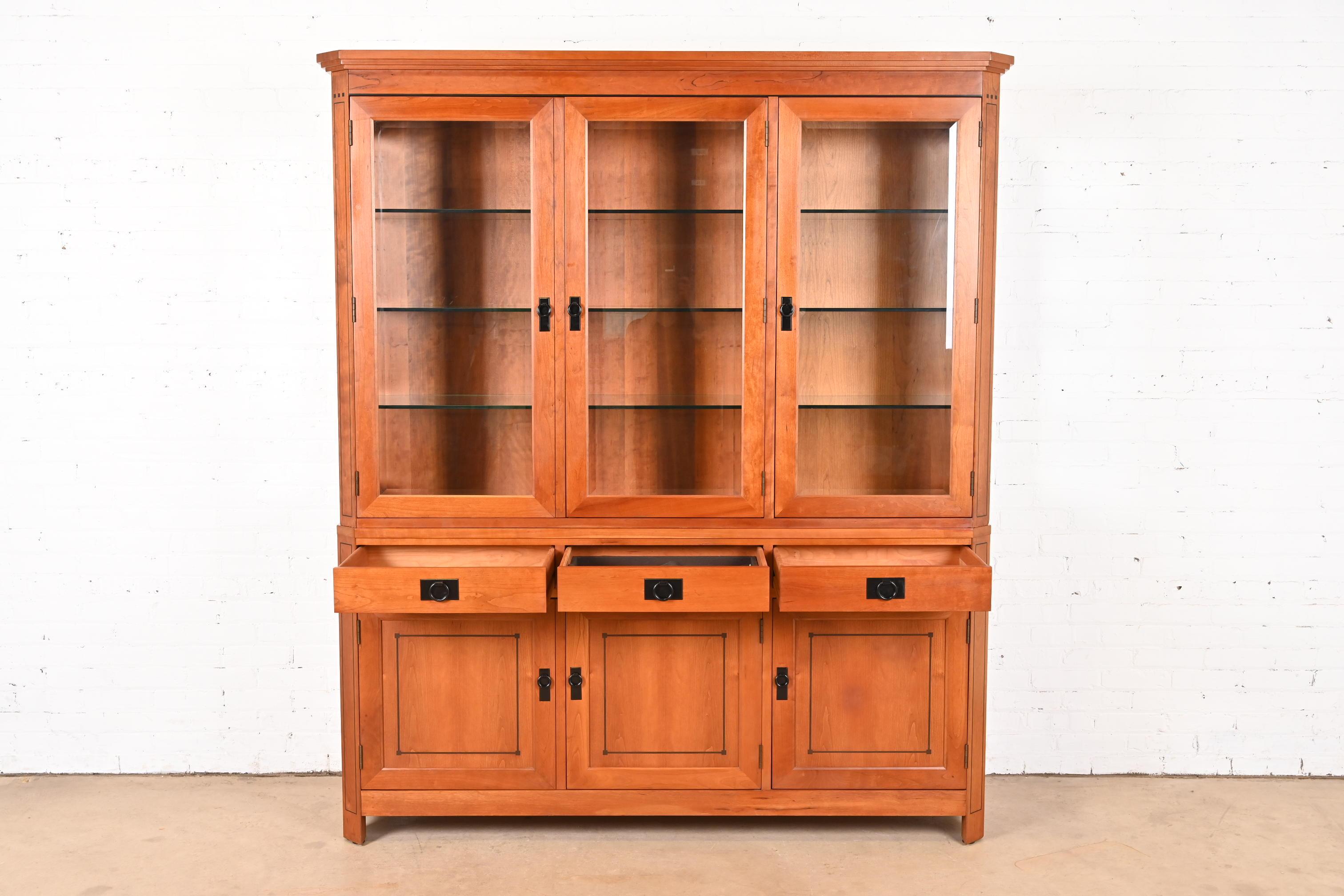 Stickley Shaker Arts and Crafts Cherry Wood Lighted Breakfront Bookcase Cabinet 5