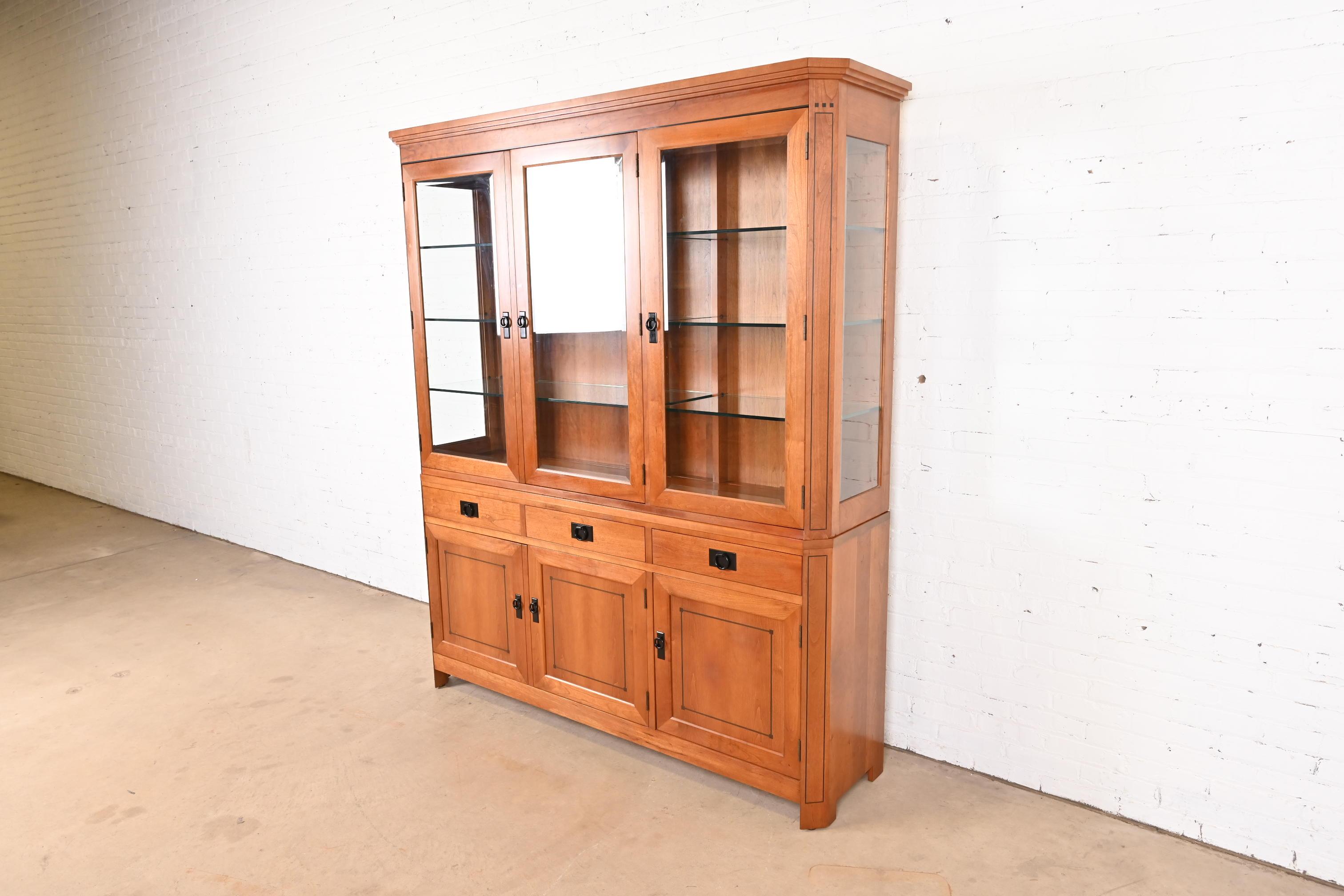 American Stickley Shaker Arts and Crafts Cherry Wood Lighted Breakfront Bookcase Cabinet