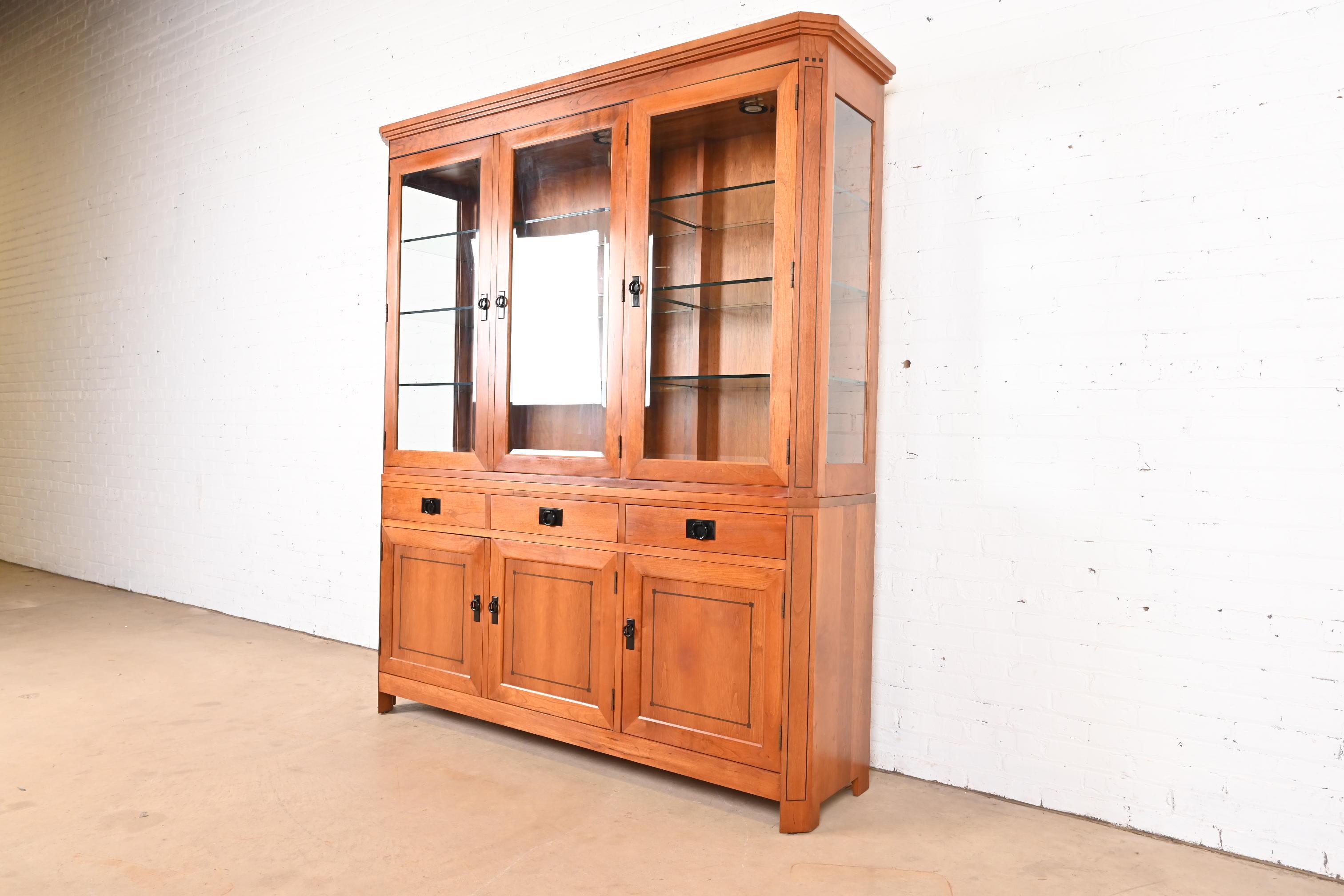 Stickley Shaker Arts and Crafts Cherry Wood Lighted Breakfront Bookcase Cabinet In Good Condition In South Bend, IN