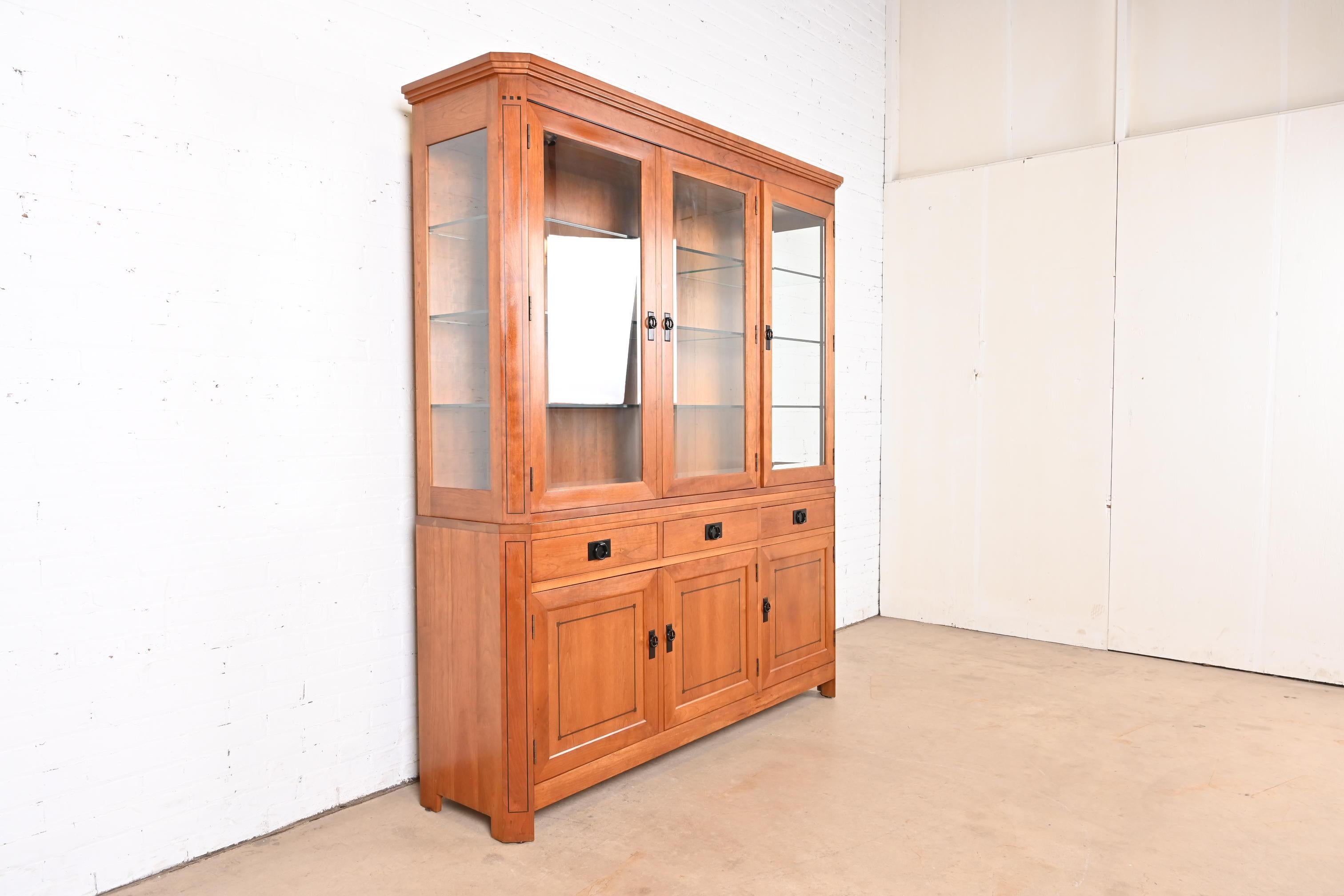 Glass Stickley Shaker Arts and Crafts Cherry Wood Lighted Breakfront Bookcase Cabinet