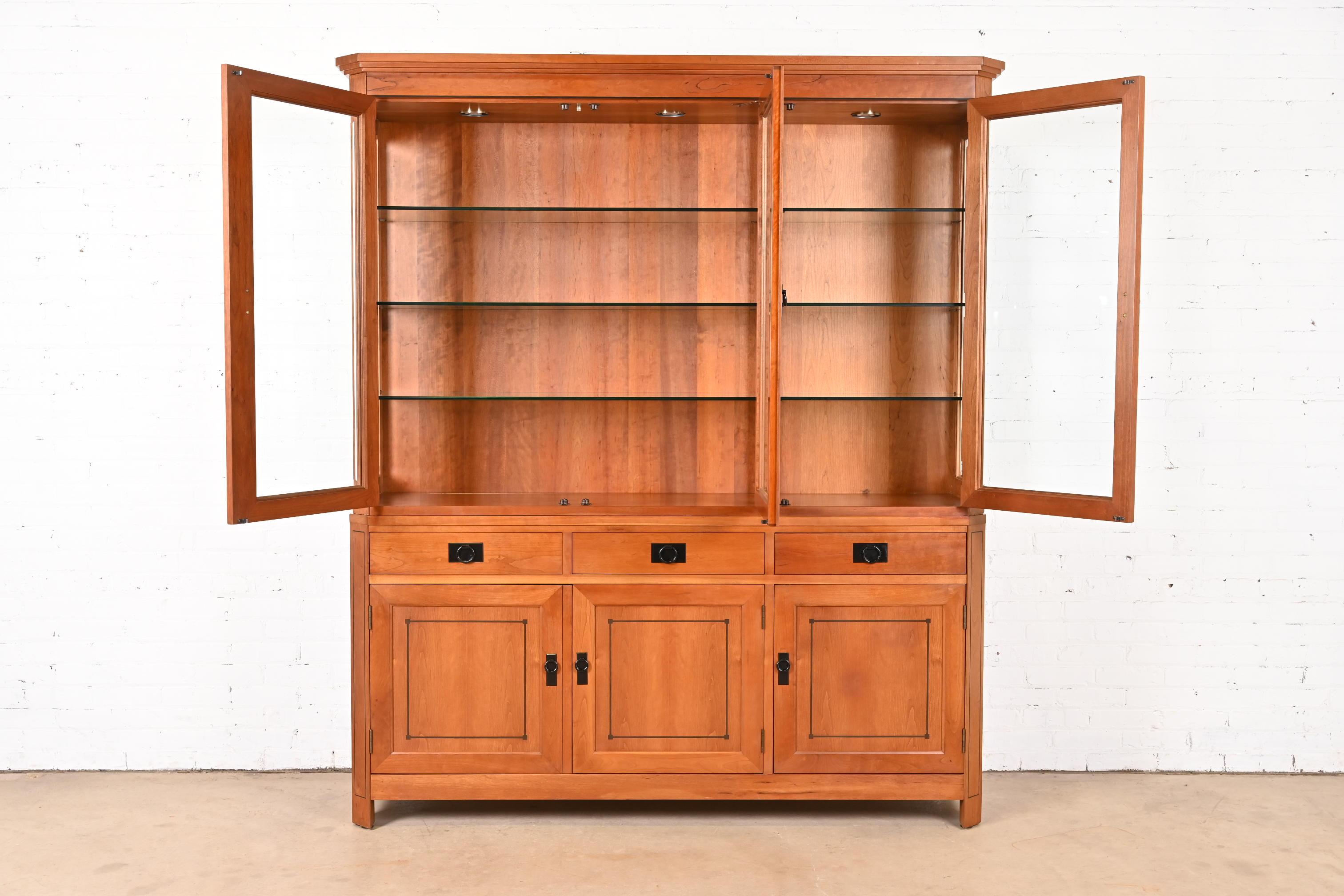 Stickley Shaker Arts and Crafts Cherry Wood Lighted Breakfront Bookcase Cabinet 1