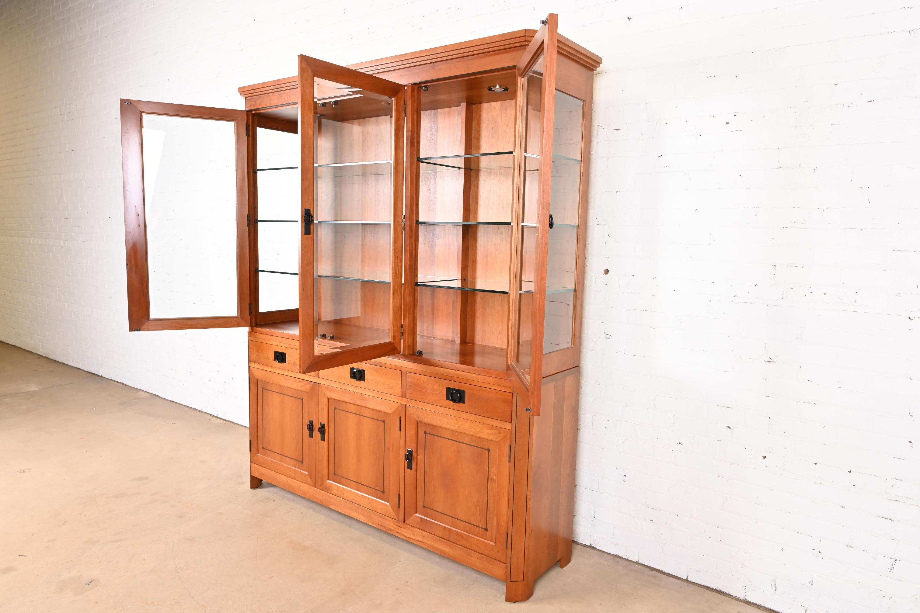 Stickley Shaker Arts and Crafts Cherry Wood Lighted Breakfront Bookcase Cabinet 2