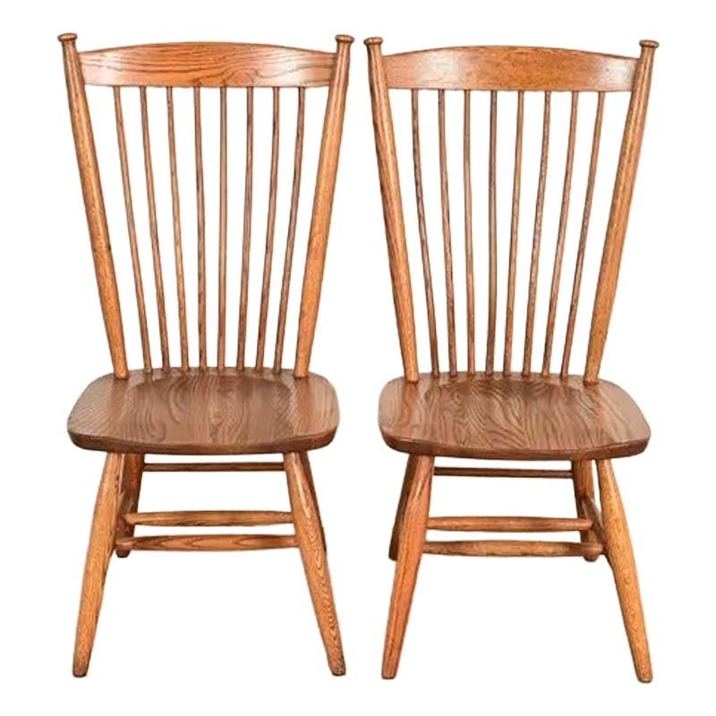 Stickley Style American Colonial Oak Windsor Side Chairs or Dining Chairs, Pair