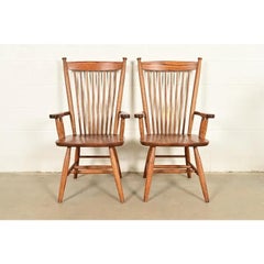 Stickley Style American Colonial Solid Oak Spindle Back Windsor Armchairs, Pair