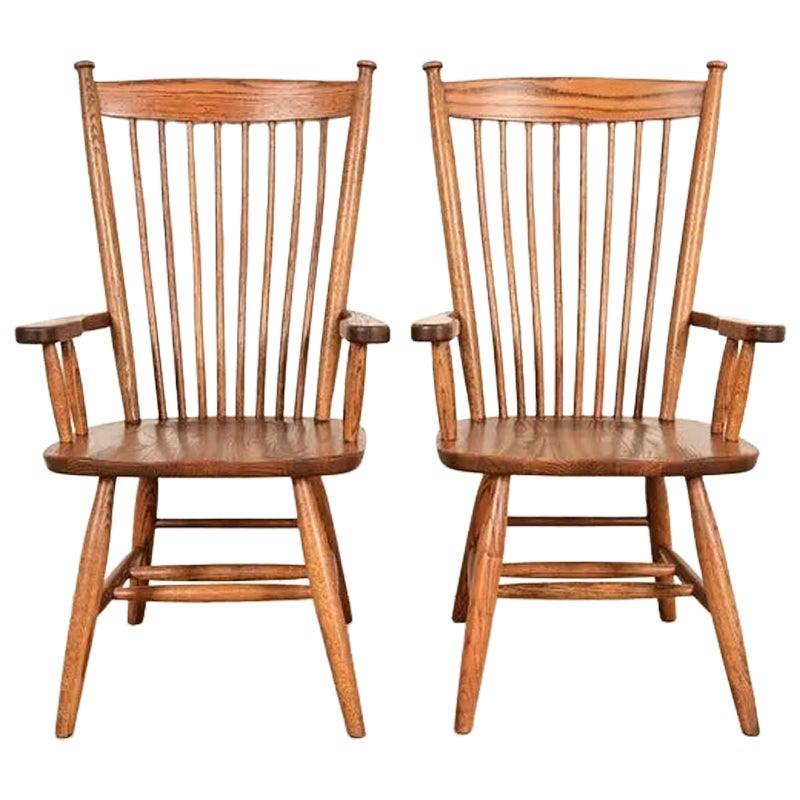 Stickley Style American Colonial Solid Oak Spindle Back Windsor Armchairs, Pair