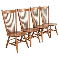 Stickley Style American Colonial Solid Oak Windsor Dining Chairs, Set of Four