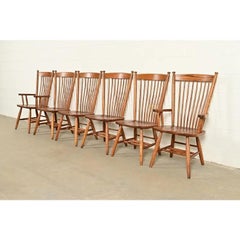 Stickley Style American Colonial Solid Oak Windsor Dining Chairs, Set of Six