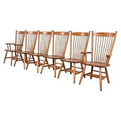 Stickley Style American Colonial Solid Oak Windsor Dining Chairs, Set of Six