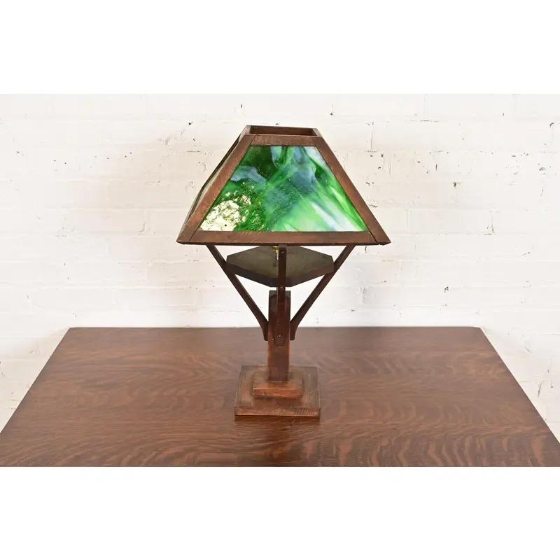 Arts and Crafts Stickley Style Antique Arts & Crafts Oak Table Lamp With Glass Shade, Circa 1920 For Sale