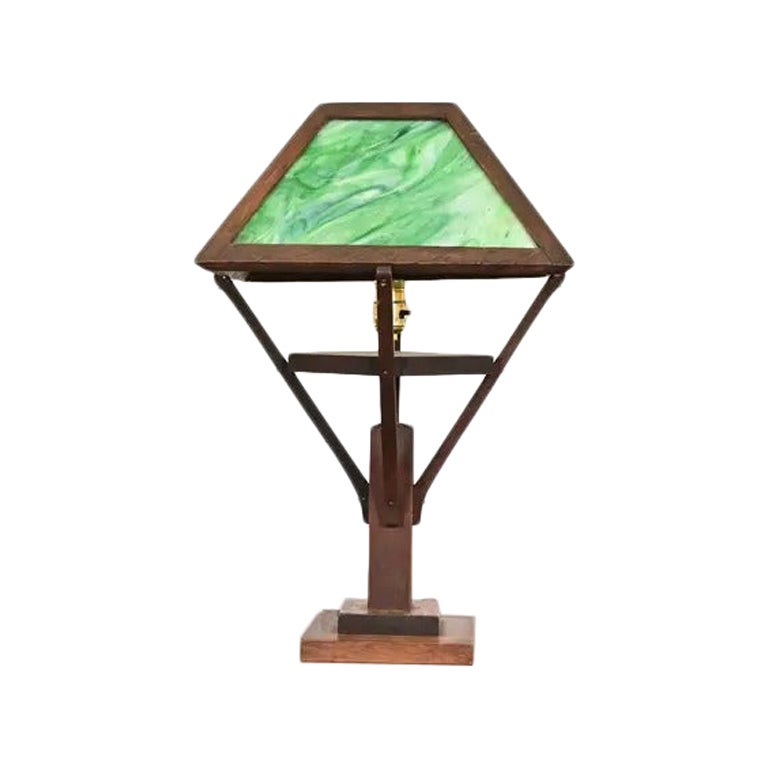 Stickley Style Antique Arts & Crafts Oak Table Lamp With Glass Shade, Circa 1920 For Sale