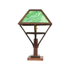 Stickley Style Antique Arts & Crafts Oak Table Lamp With Glass Shade, Circa 1920