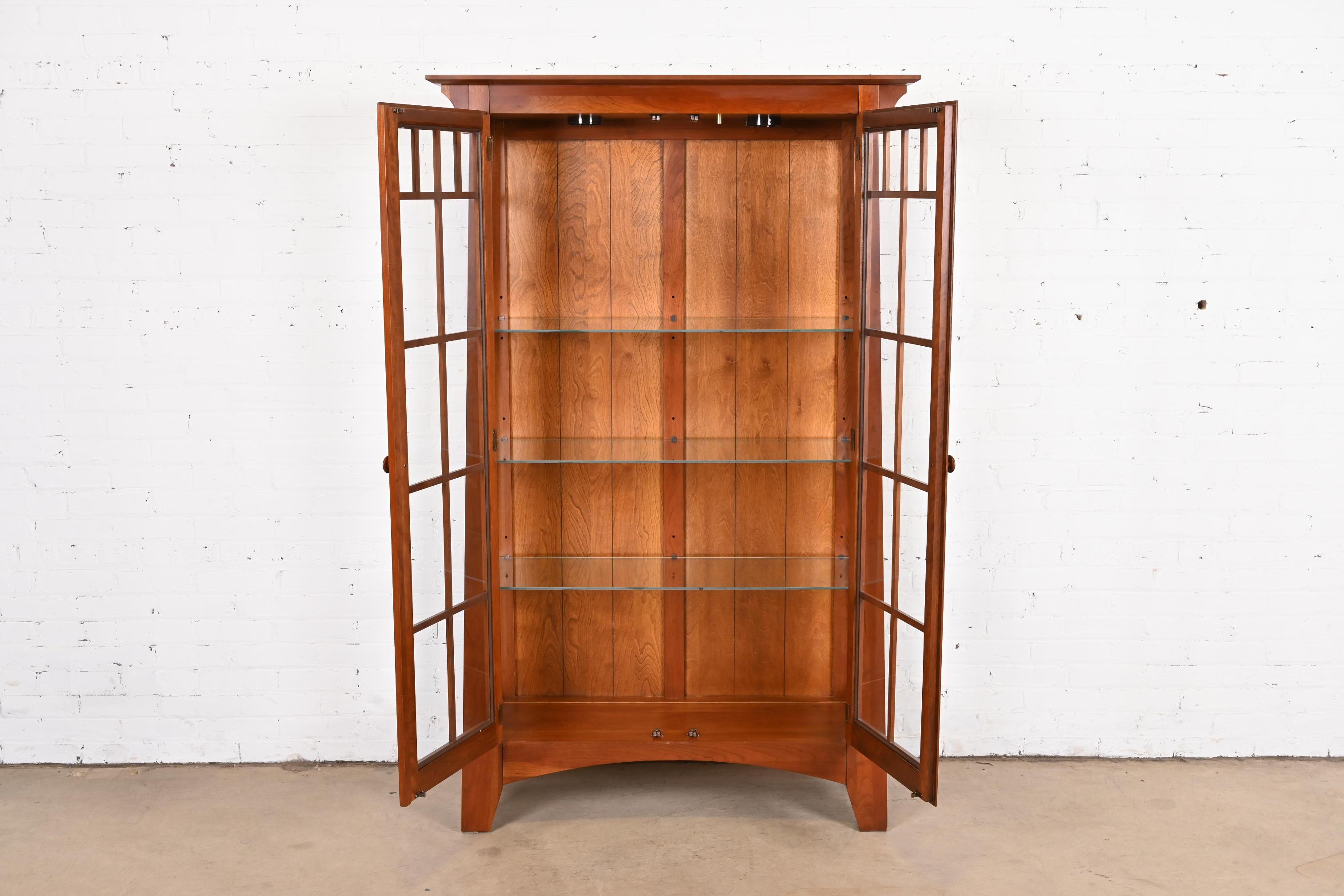 20th Century Stickley Style Arts & Crafts Cherry Wood Lighted Bookcase or Display Cabinet