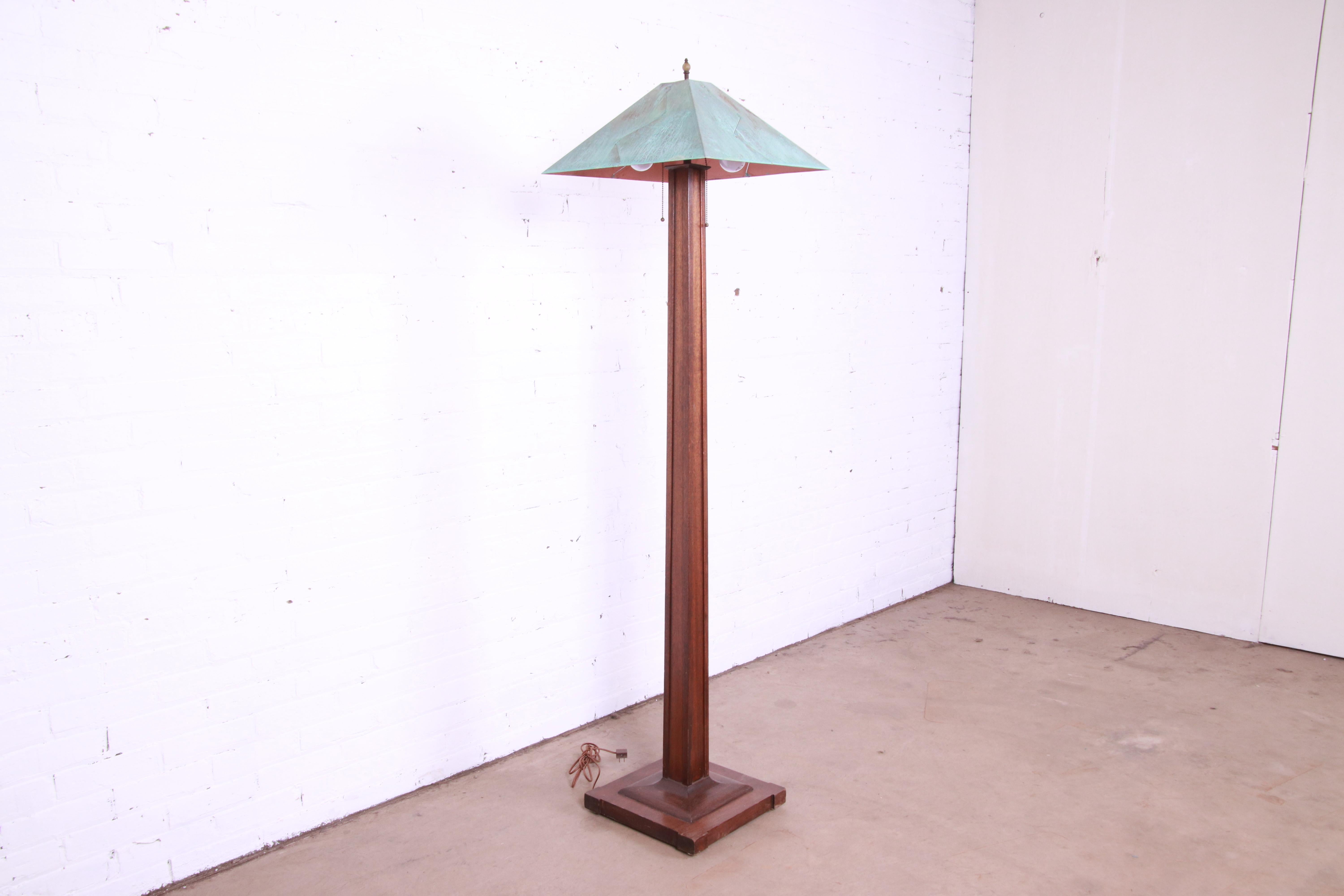 American Stickley Style Arts & Crafts Oak and Copper Floor Lamp