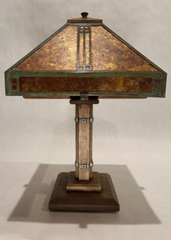 Stickley Style Arts & Crafts Oak and Copper Table Lamp by Warren Hile Studio