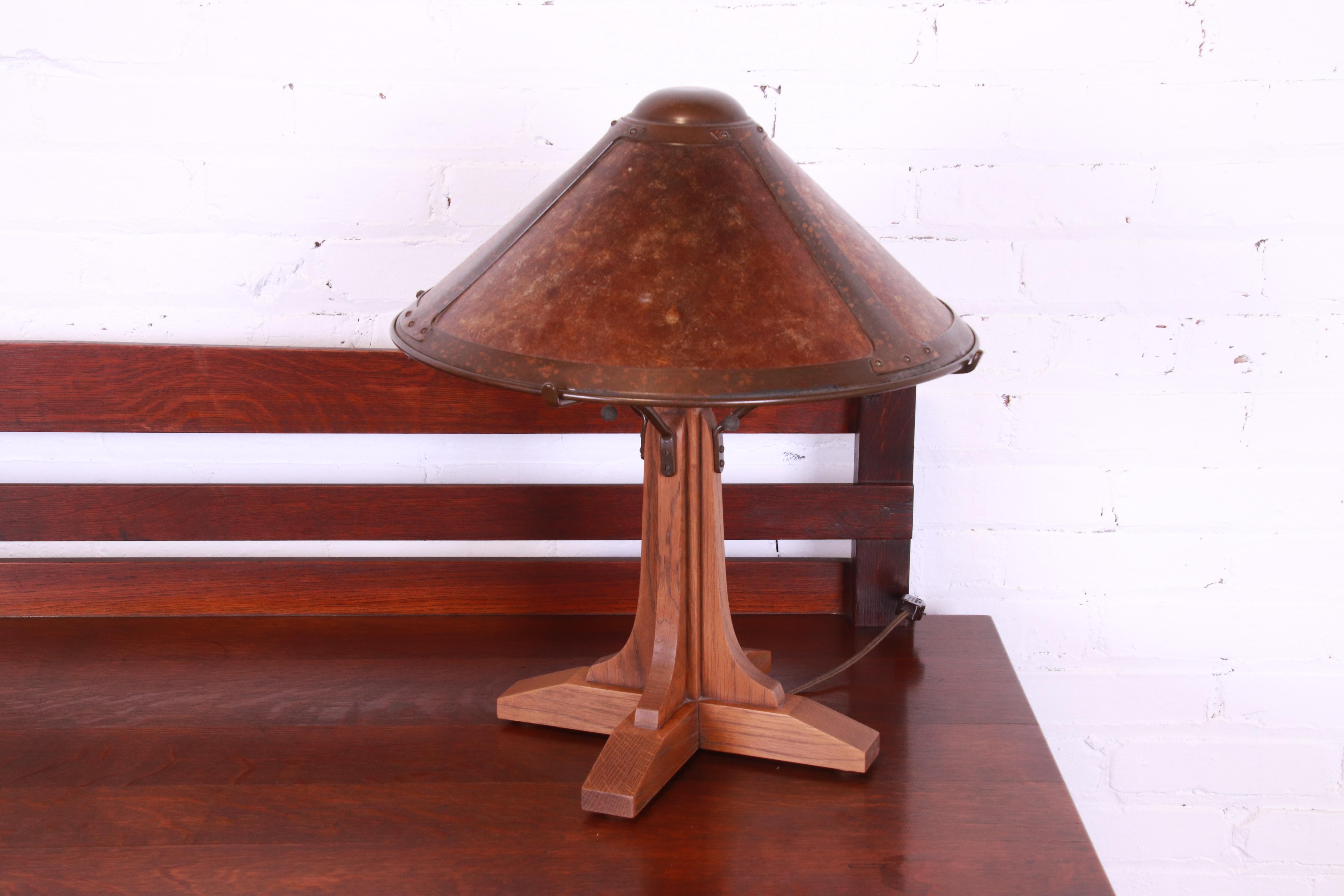 Arts and Crafts Stickley Style Arts & Crafts Oak and Copper Table Lamp by Warren Hile Studio