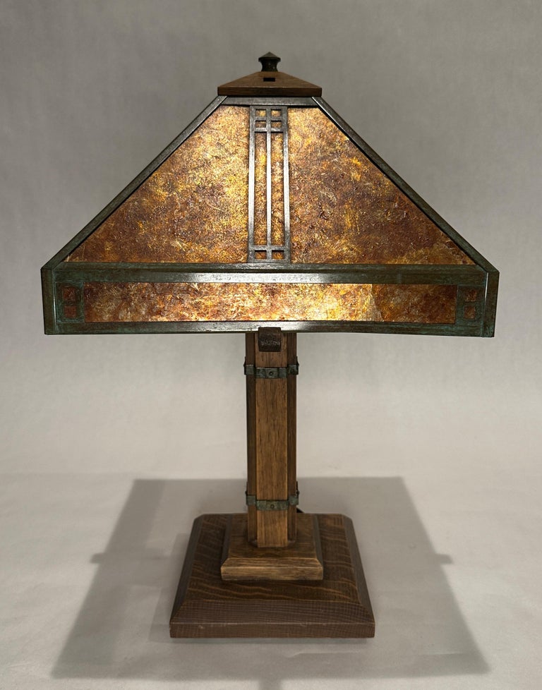 Stickley Style Arts and Crafts Oak and Copper Table Lamp by Warren