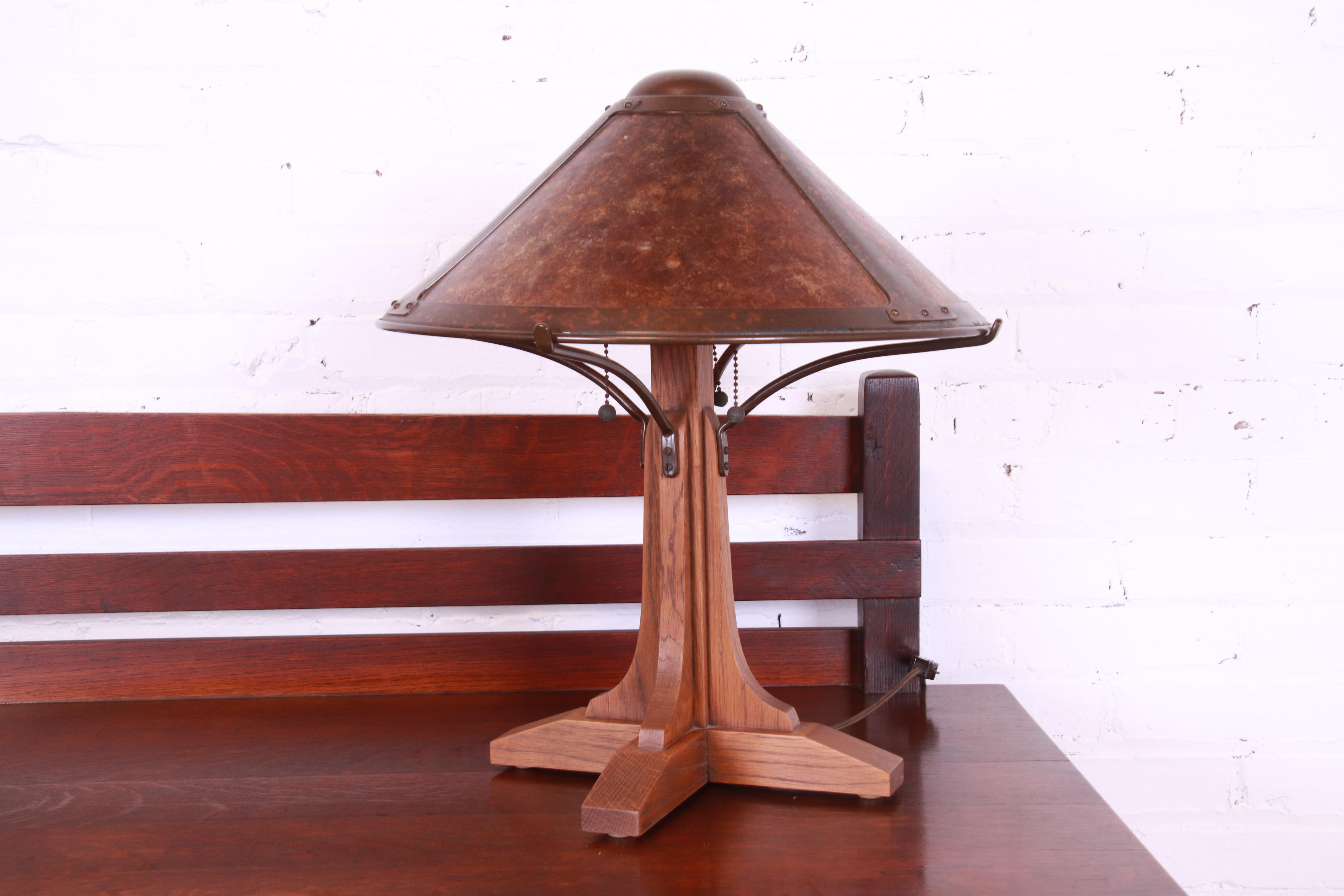 American Stickley Style Arts & Crafts Oak and Copper Table Lamp by Warren Hile Studio