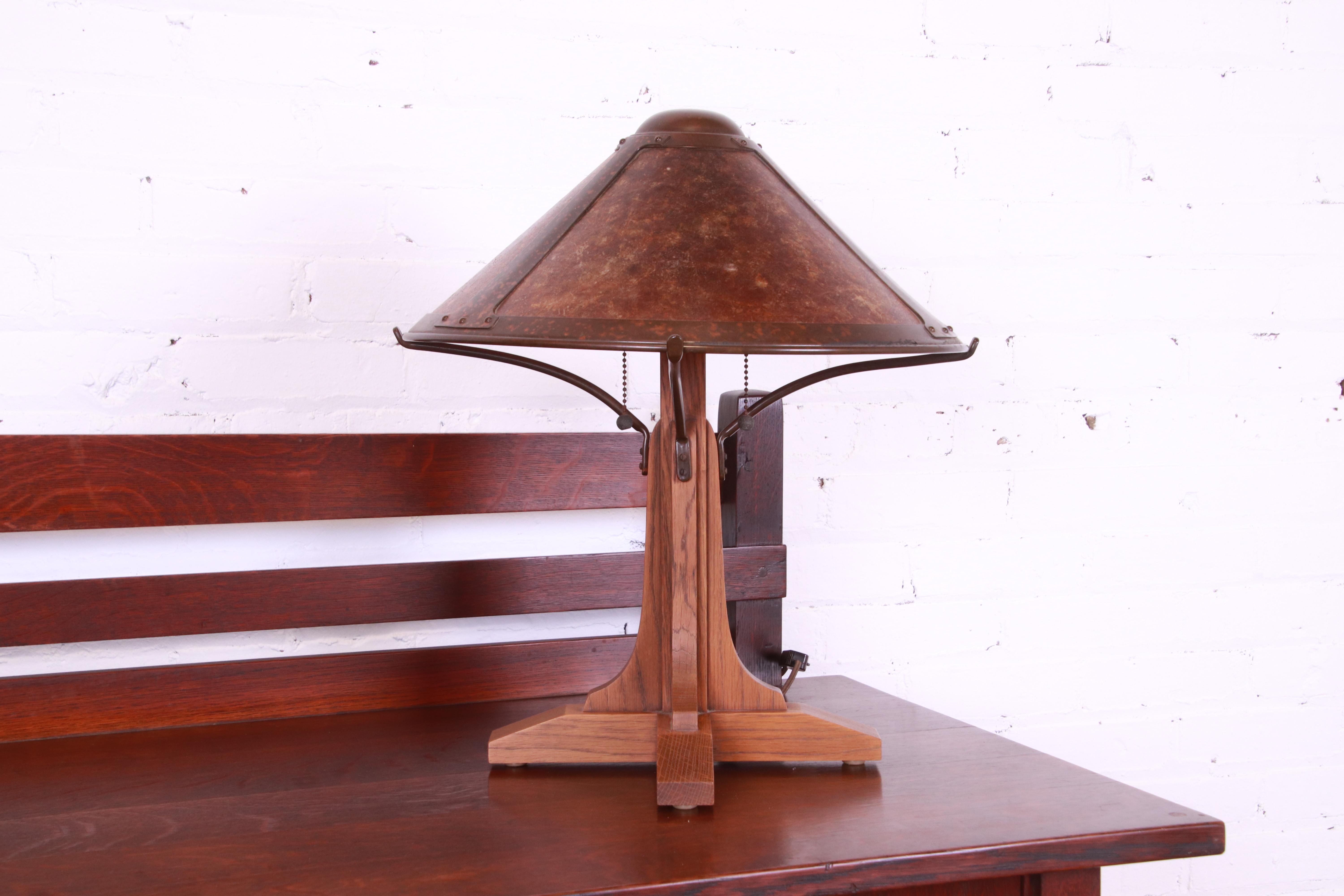 20th Century Stickley Style Arts & Crafts Oak and Copper Table Lamp by Warren Hile Studio