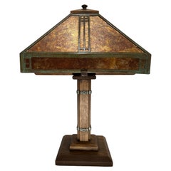 Stickley Style Arts & Crafts Oak and Copper Table Lamp by Warren Hile Studio