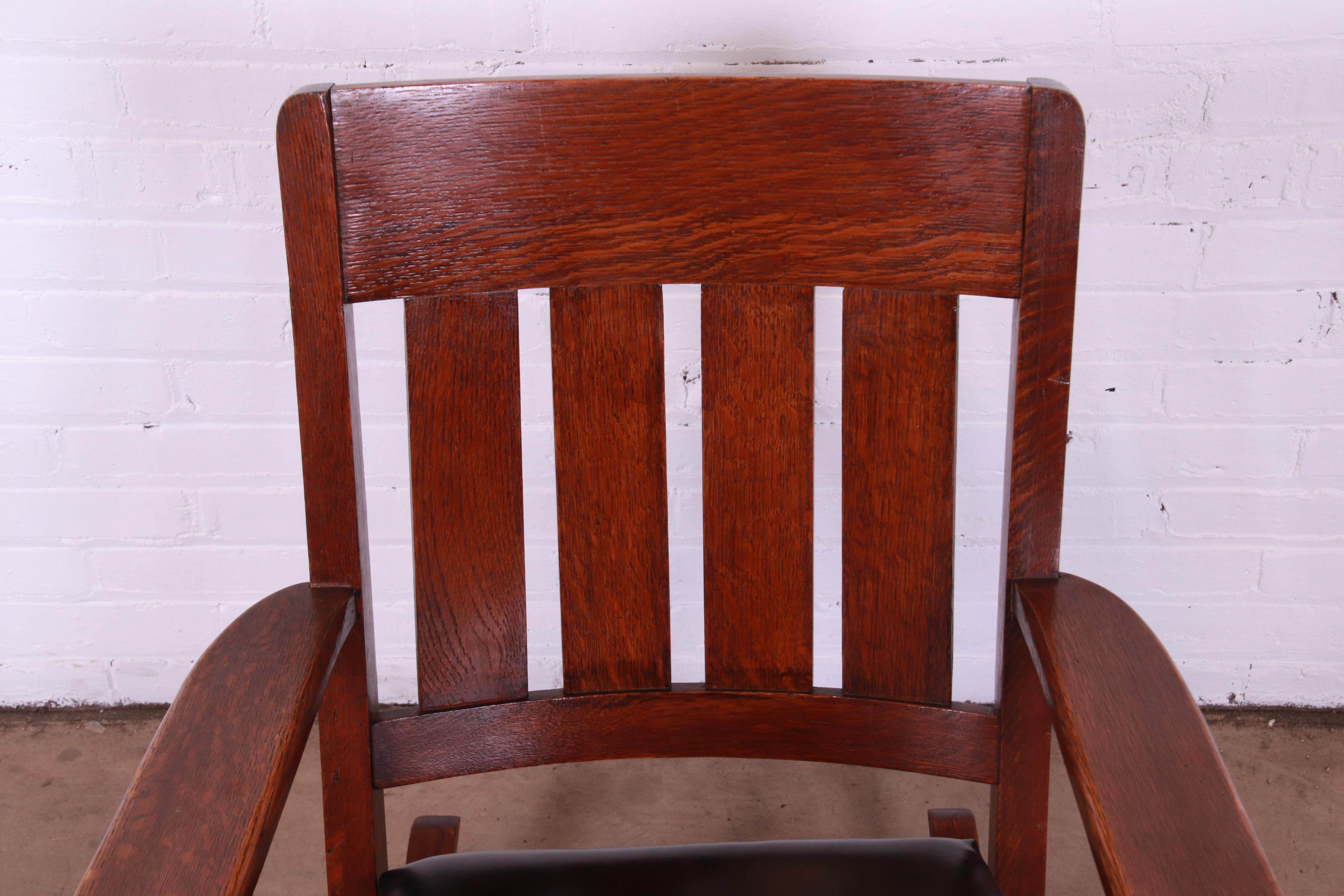 Stickley Style Arts & Crafts Oak and Leather Rocking Chair, Circa 1900 1