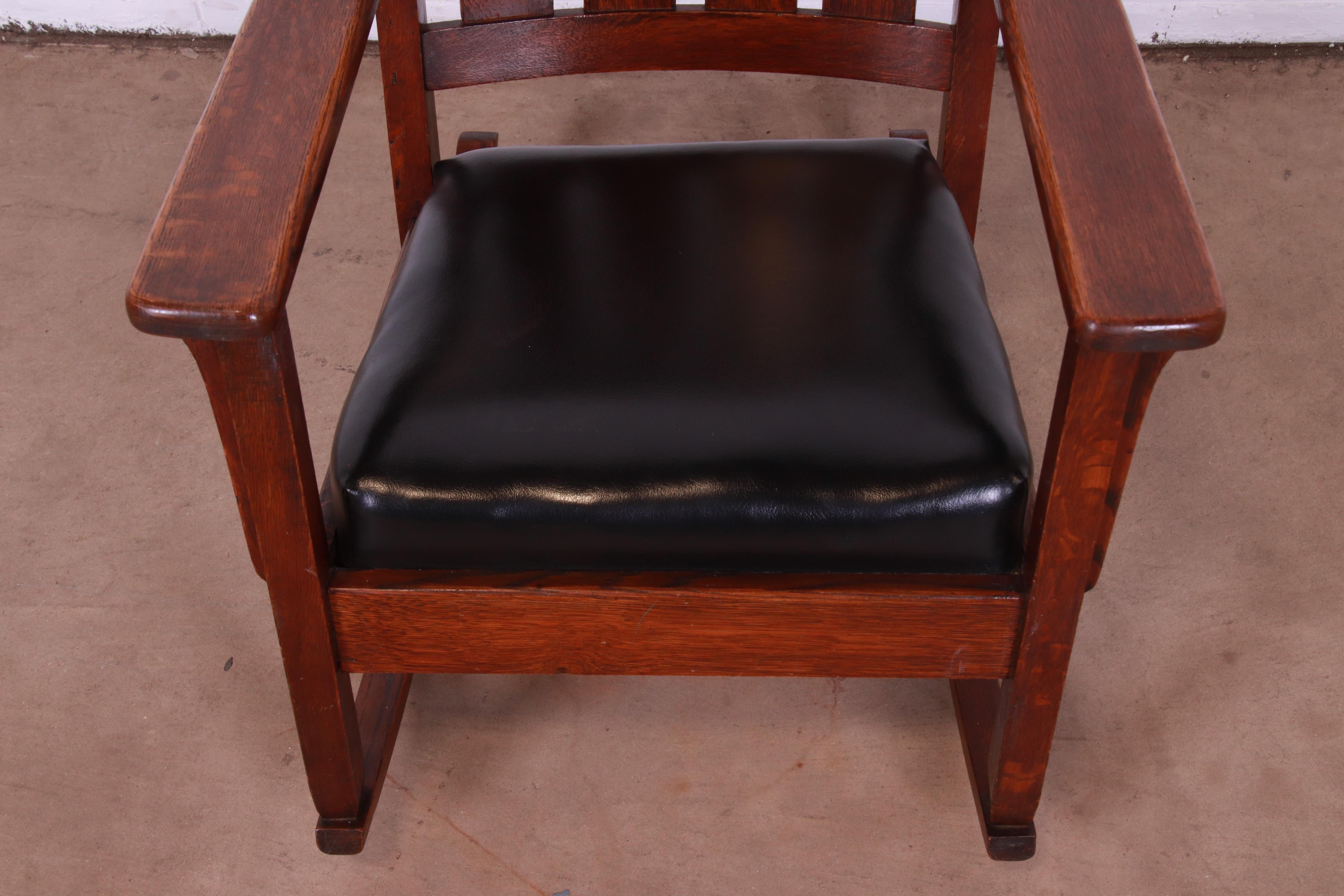 Stickley Style Arts & Crafts Oak and Leather Rocking Chair, Circa 1900 2