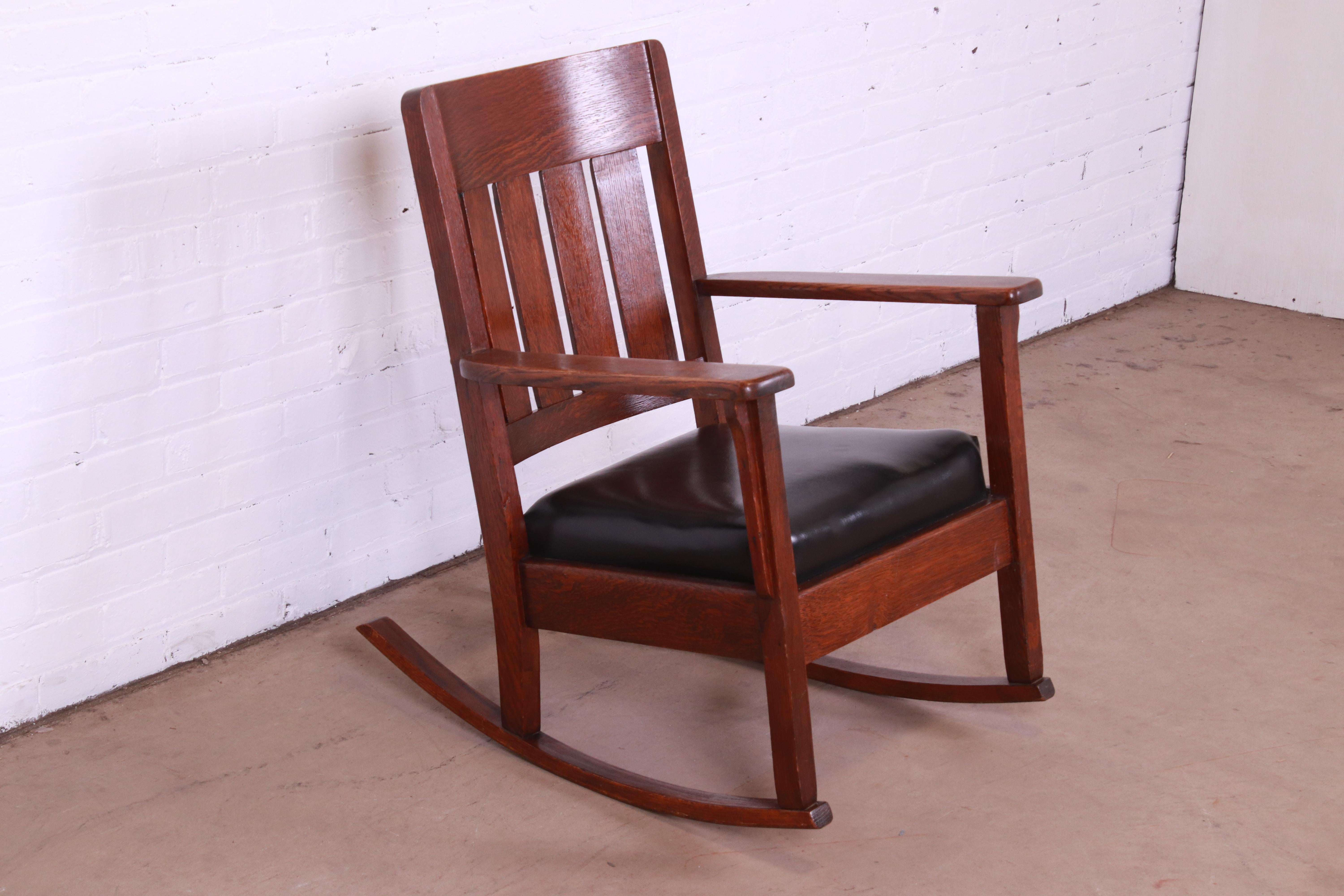 Arts and Crafts Stickley Style Arts & Crafts Oak and Leather Rocking Chair, Circa 1900