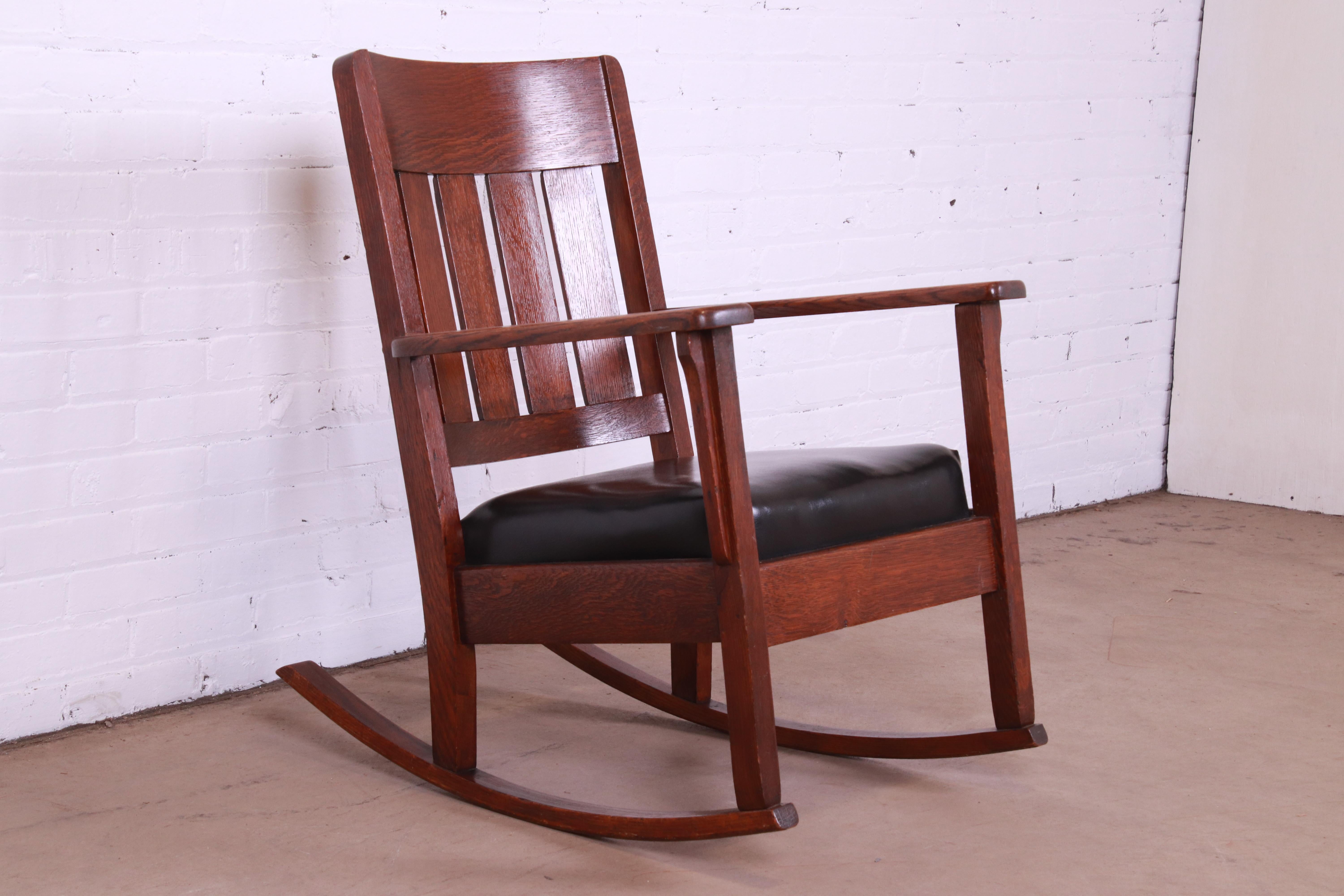American Stickley Style Arts & Crafts Oak and Leather Rocking Chair, Circa 1900